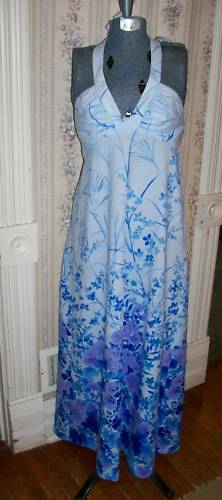 Beautiful Blue Floral Vtg 1950s Nani Hawaii PLUNGE NECKLINE HALTER DRESS Sz M