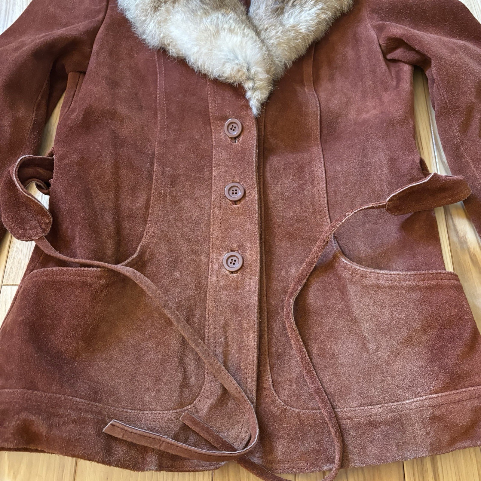 Vintage 70’s Genuine Suede Leather Rabbit Fur Collar Belted Jacket