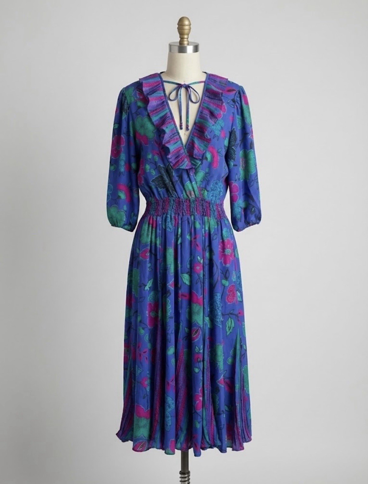 Vintage Plaza South 80s Floral Smocked Ruffle Romantic Glam Midi Dress NWOT
