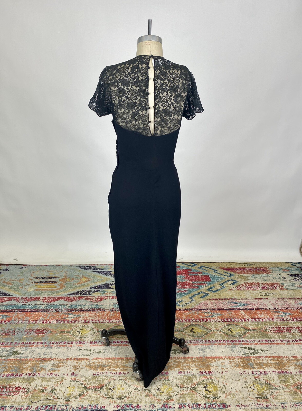 Antique Vintage 1930s Black Rayon Beaded Dress Lace Bodice Rouched Waist AS IS
