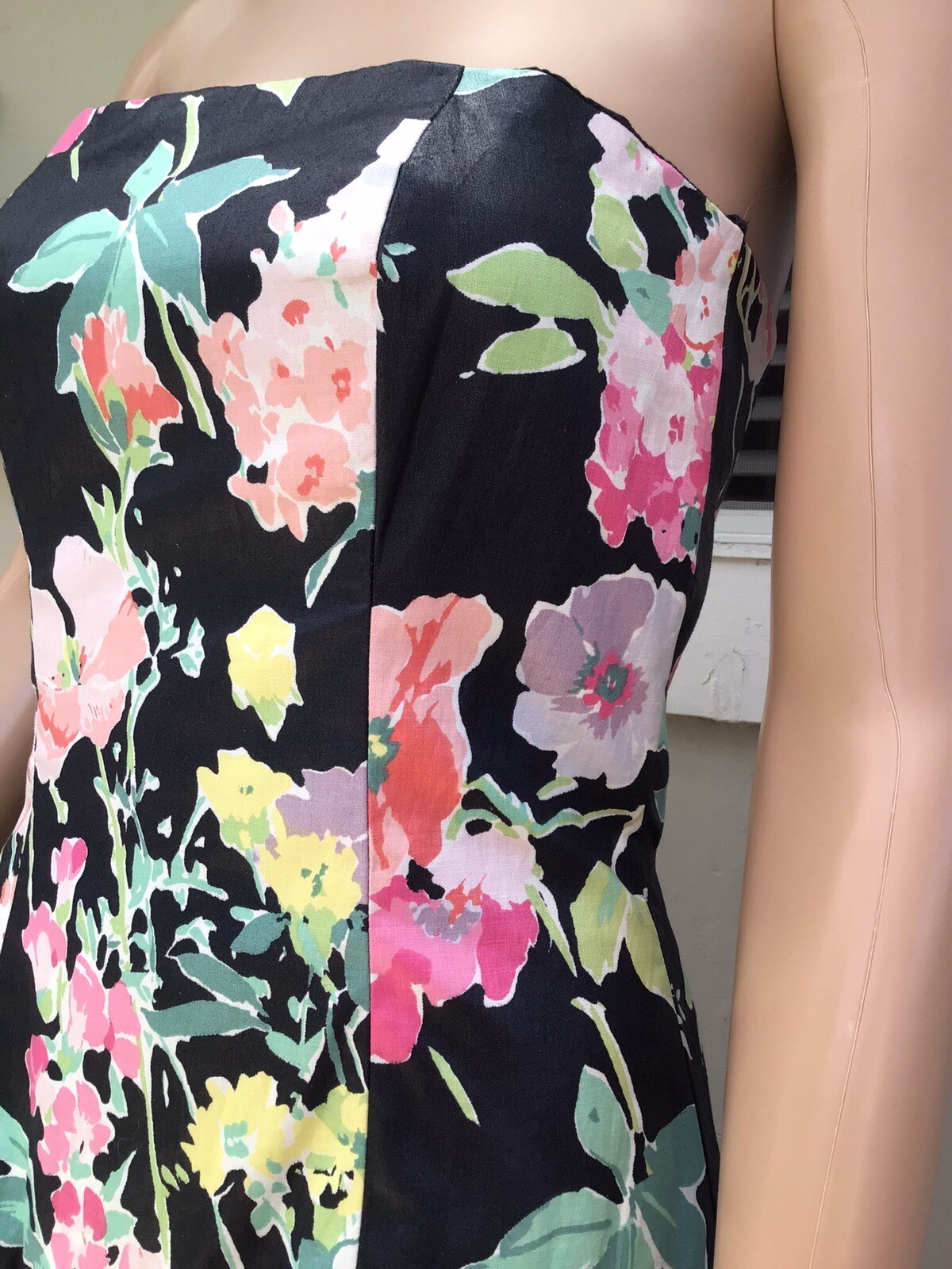 Vtg 80s S G Gilbert Black Floral Chintz Drop Waist Sleeveless Party Dress 8