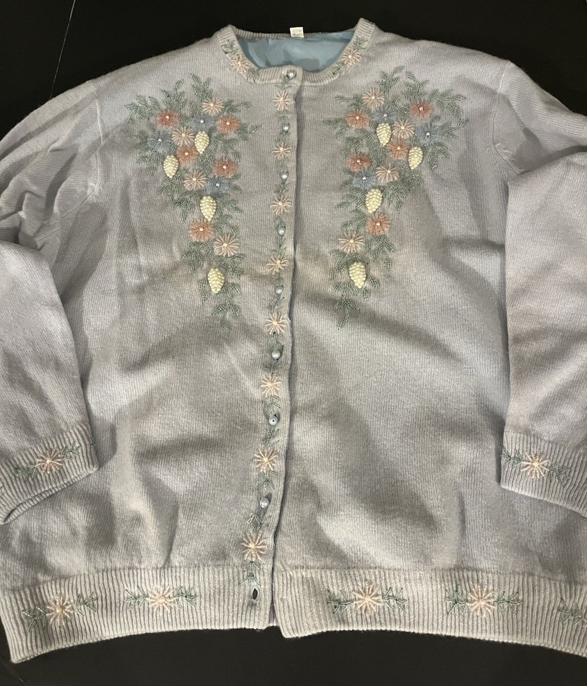 50s 60s VTG Beaded Sweater Top Long Sleeve Lined Rockabilly sz 48, Pale Blue