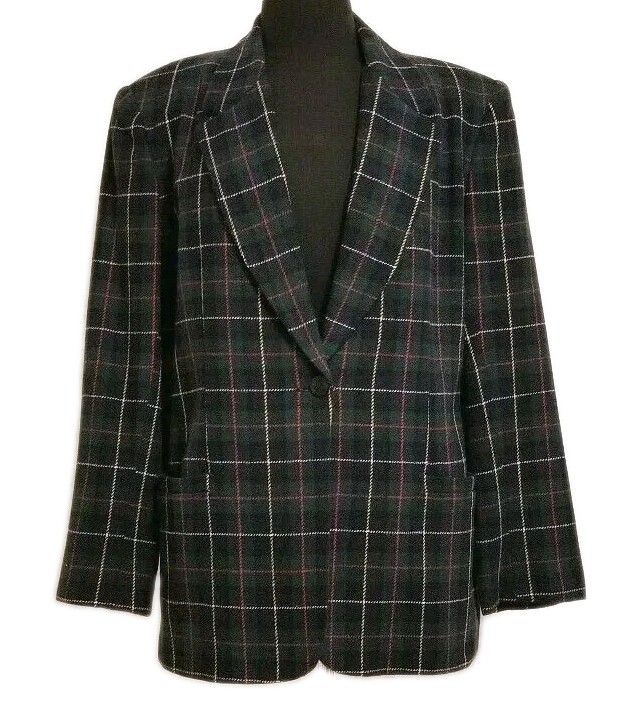 Women’s Vintage Wool Blend Navy Tartan Plaid Single Button Blazer 14 Tall