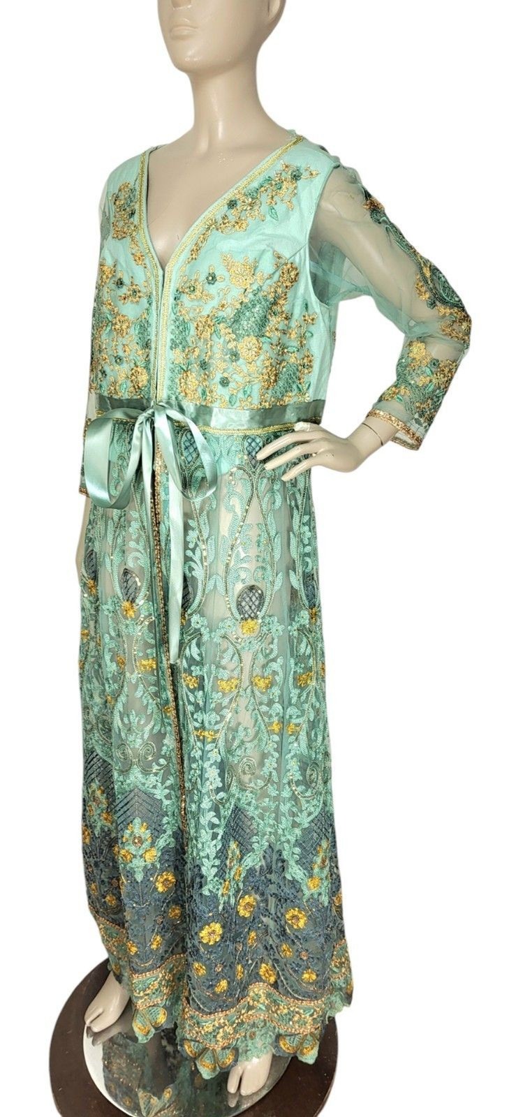 VTG Lace Tulle Metallic Gold Embroidered Bead Embellished Duster Belted Jacket