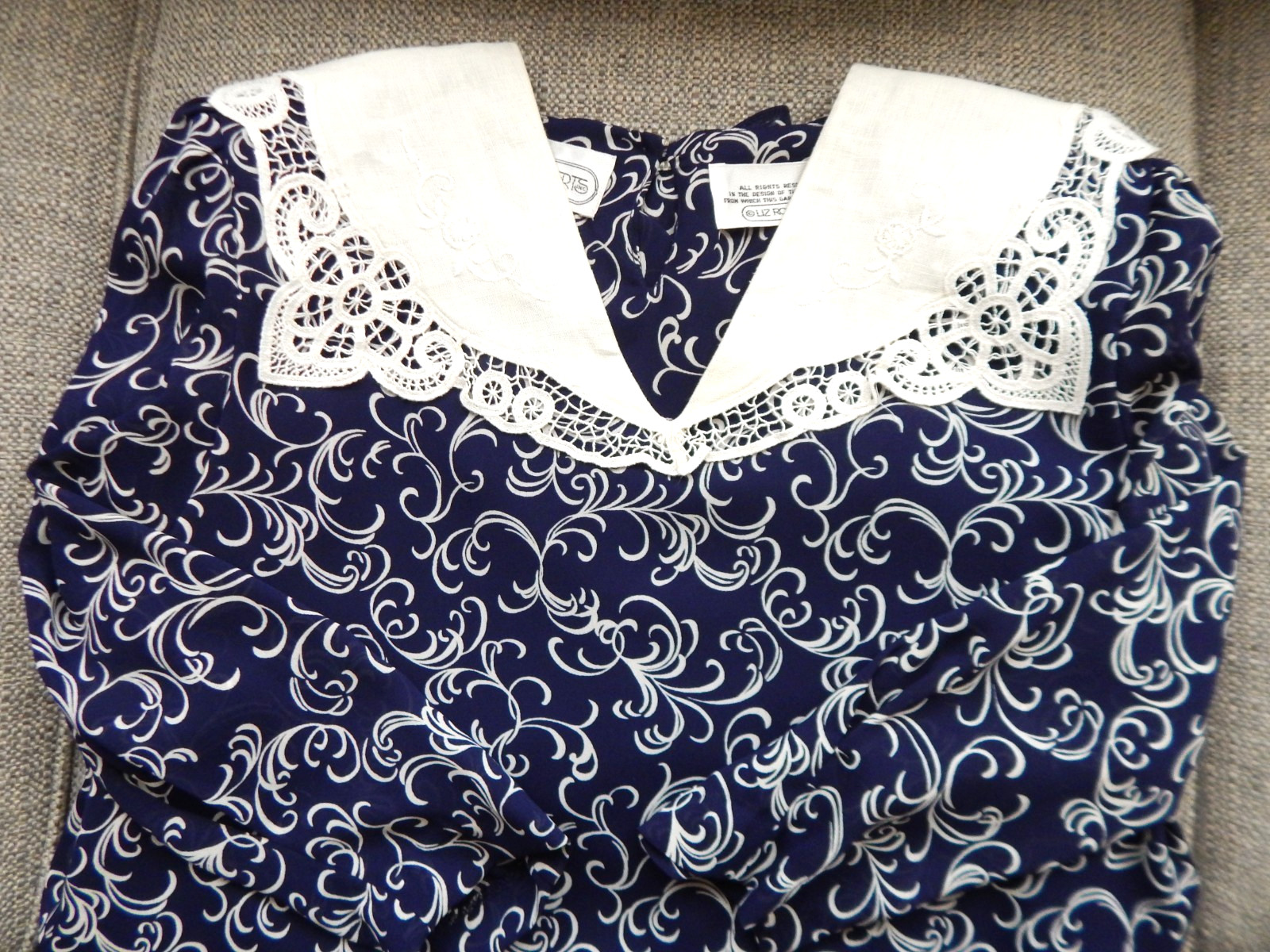 Vintage 80s Liz Roberts Dark Blue Floral Lace Collar Below Knee Dress Size 10