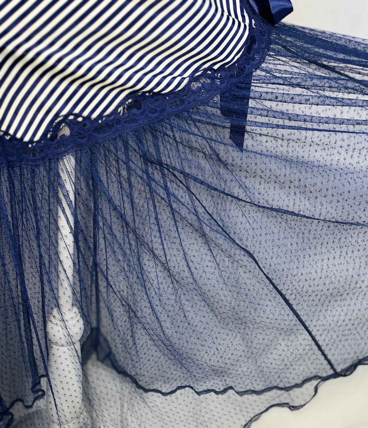 Vtg KEYLOUN Slip Flapper Dress Nightgown Drop Waist Net Mesh Skirt Navy Blue L
