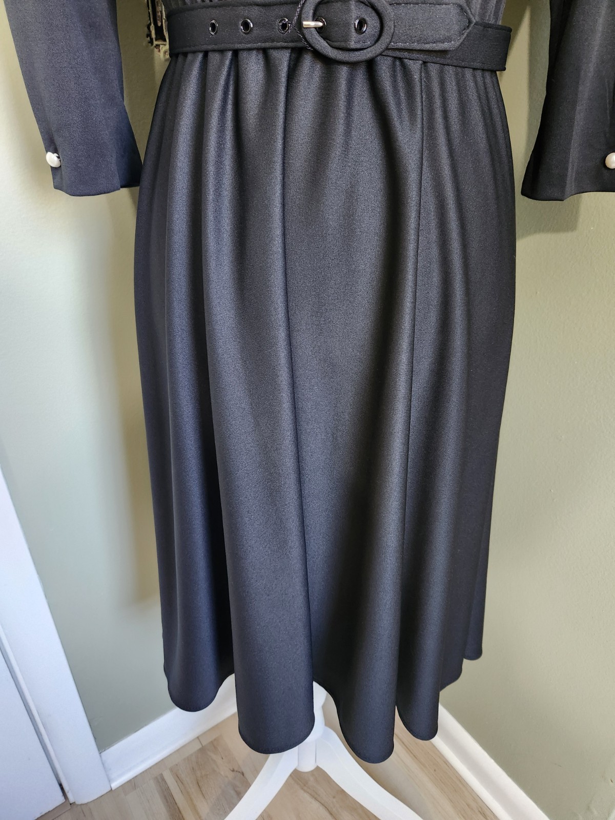 Vtg 80s 40s Whirlaway Frocks Black White Lace Collar Midi Dress Twirl Belted 6 P