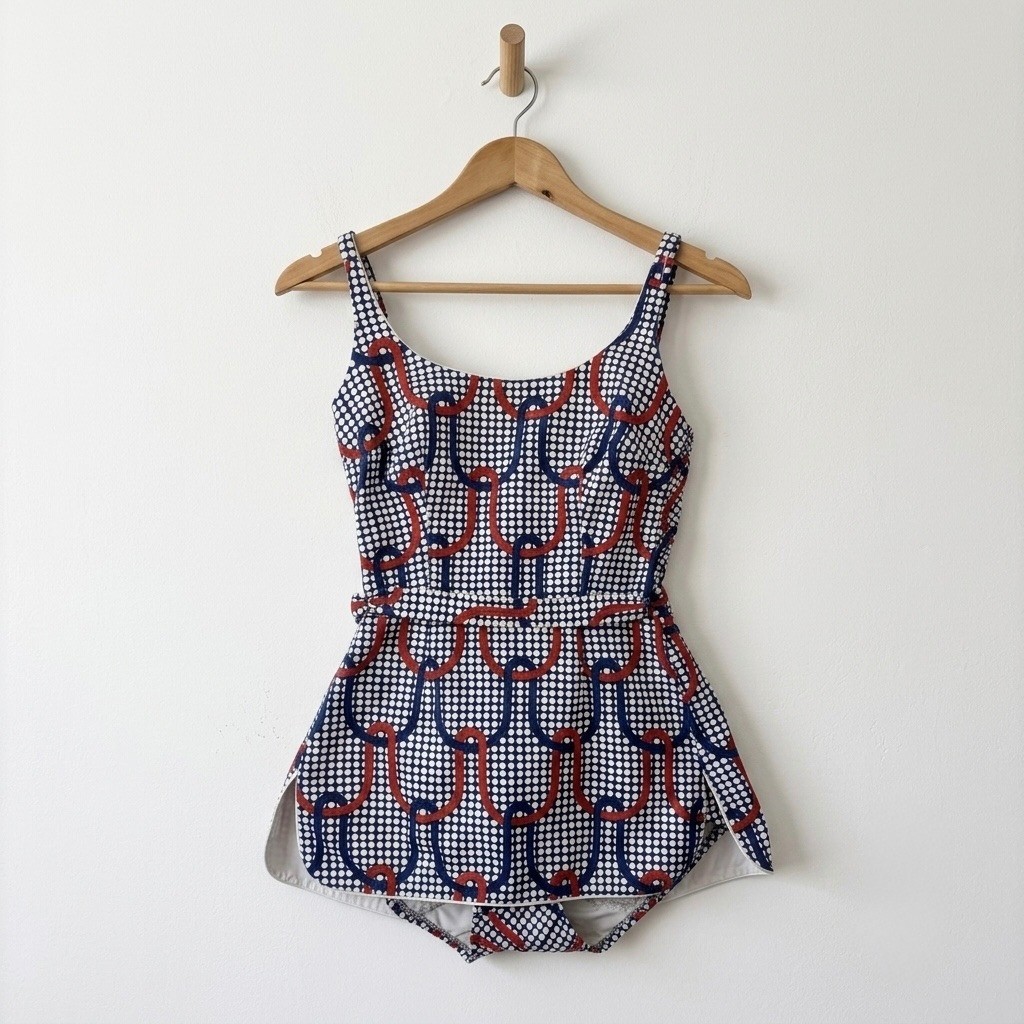 Vintage 60s Atkins Cotton One Piece Swimsuit Skirted Romper Mod Polka Dot Red M