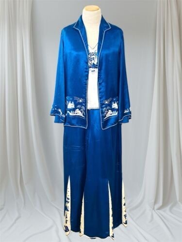Antique Art Deco Silk Pajama Set Chinoiserie Embroidered 3 Pc Blue Lounge