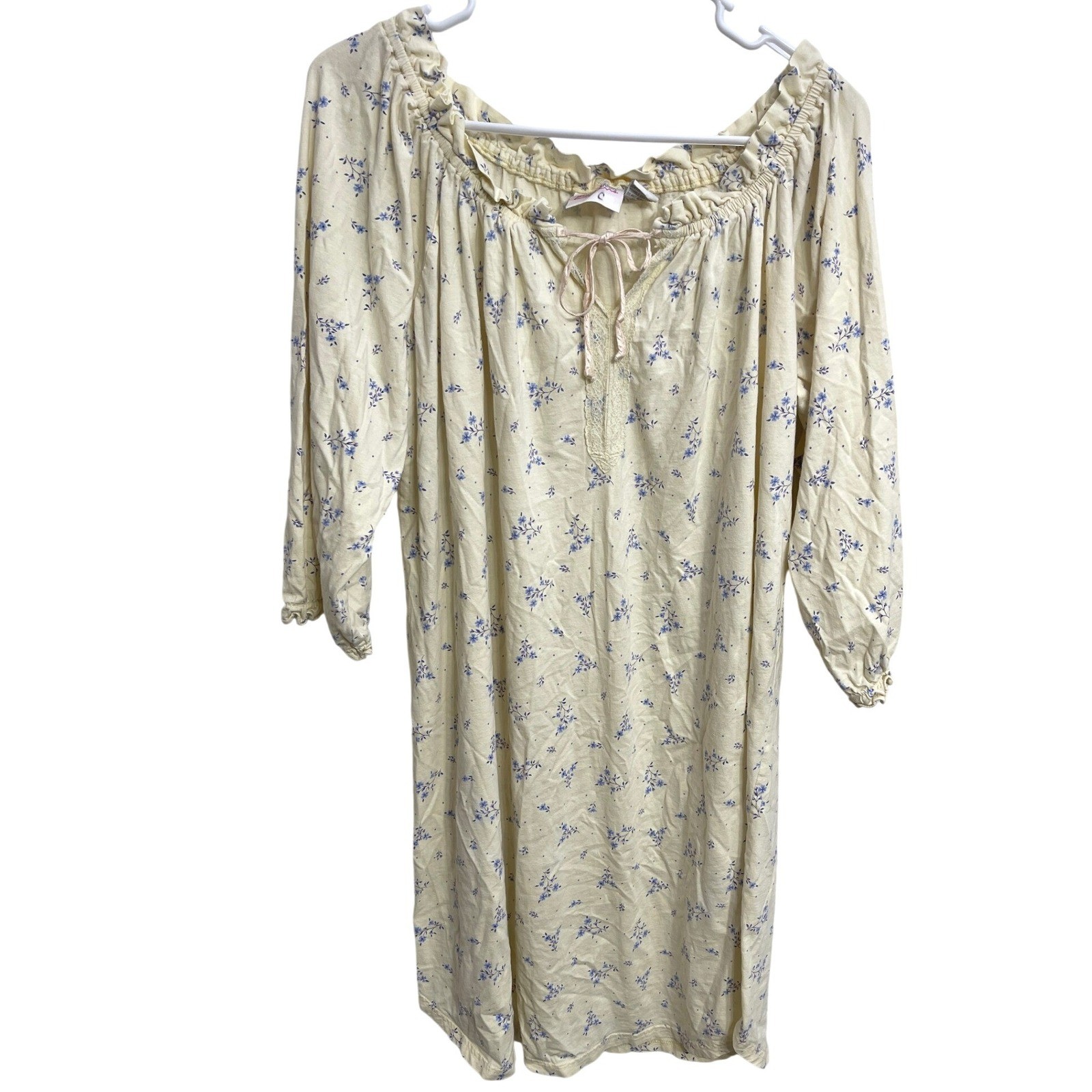 Vintage 90s Cottagecore Floral Cotton Nightgown Dress Prairie Butter Yellow M