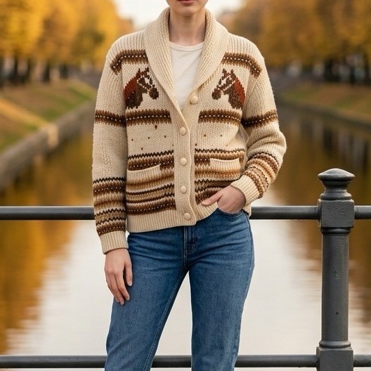 Vintage Horse Intarsia Cardigan Womens Large Cream Rustic Western Shawl Collar