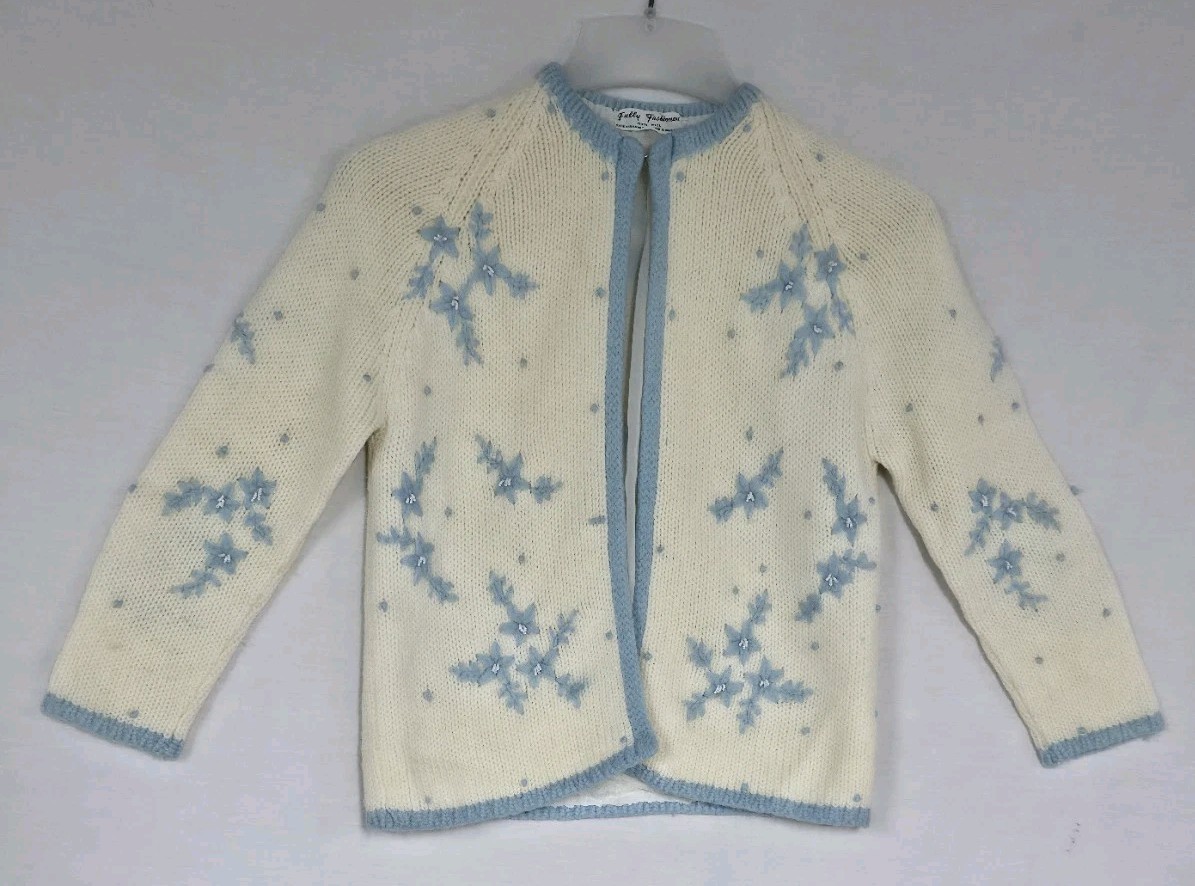 Vtg MCM Fully Fashioned Wool Knit Beaded Snowflakes Cardigan Nordic Sweater XS/S