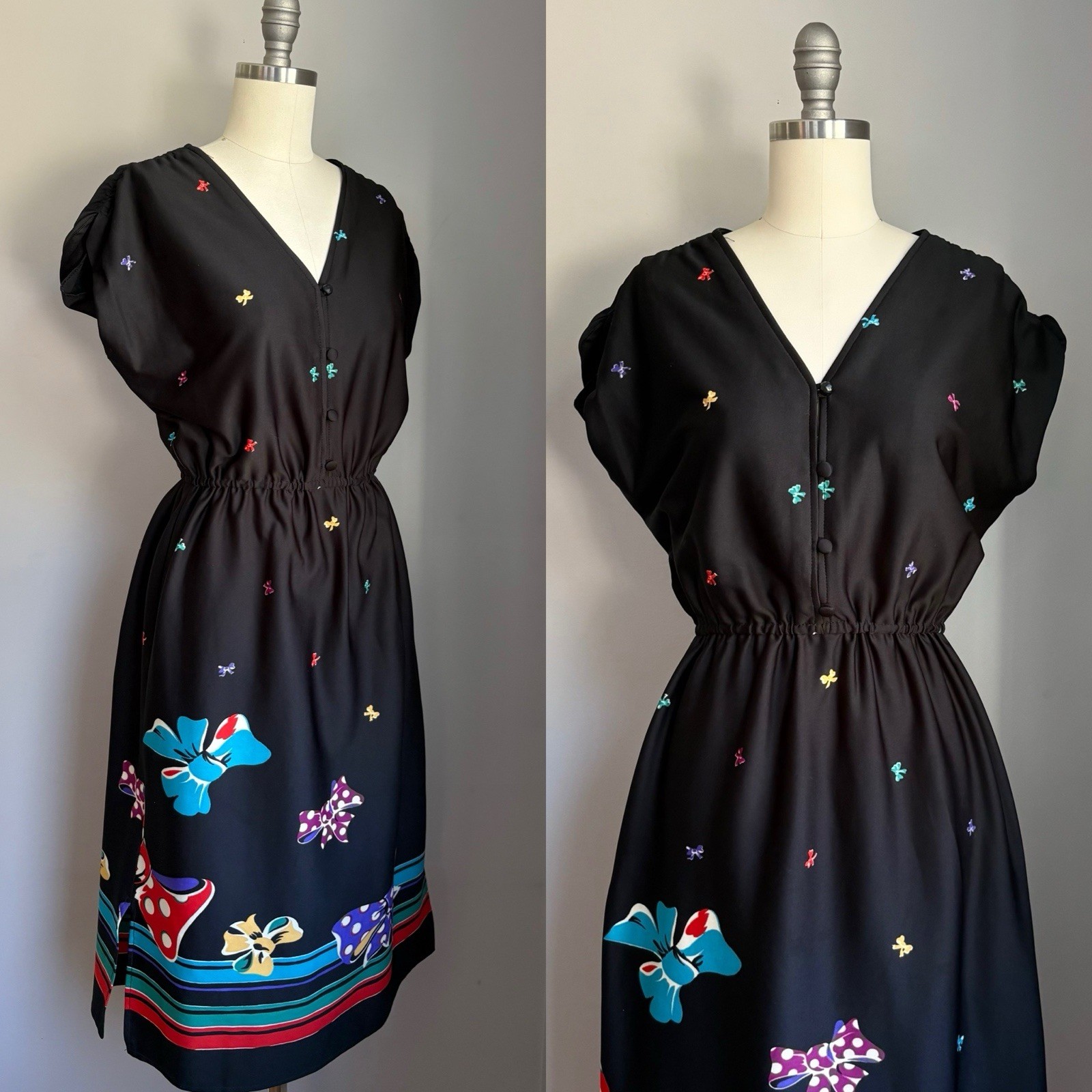 Vintage 1970’s Pop Art Bow Print on Jet Black Dress France Size S/M