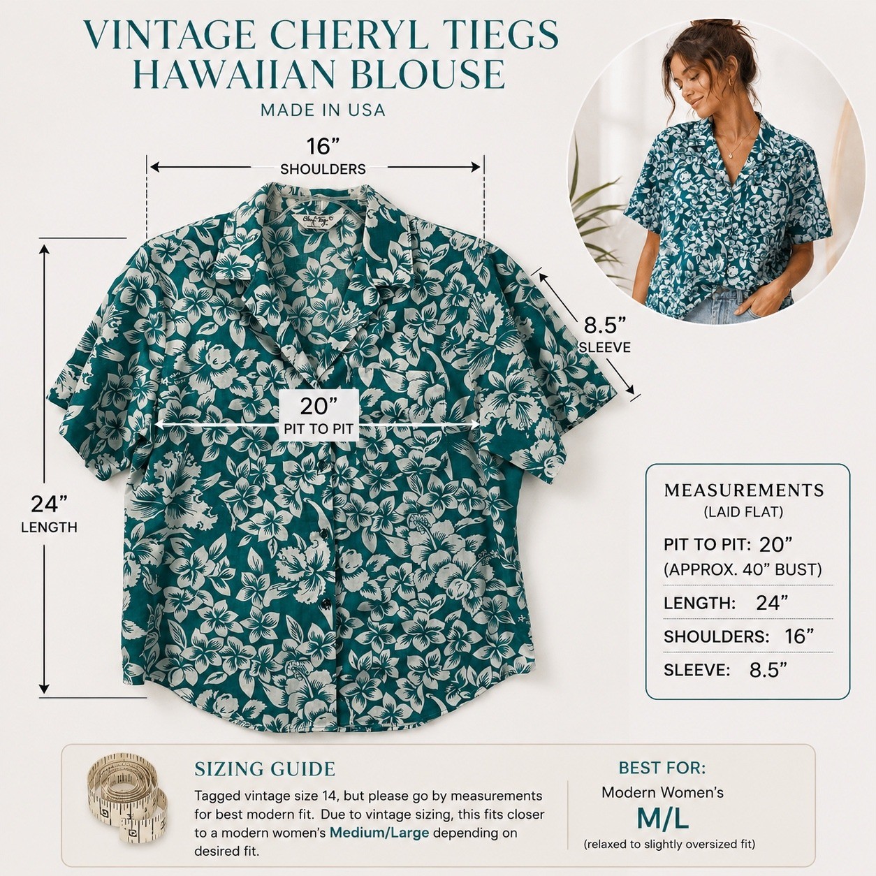 Vintage Cheryl Tiegs Turquoise White Tropical Floral Blouse Made USA Sz 14 M/L