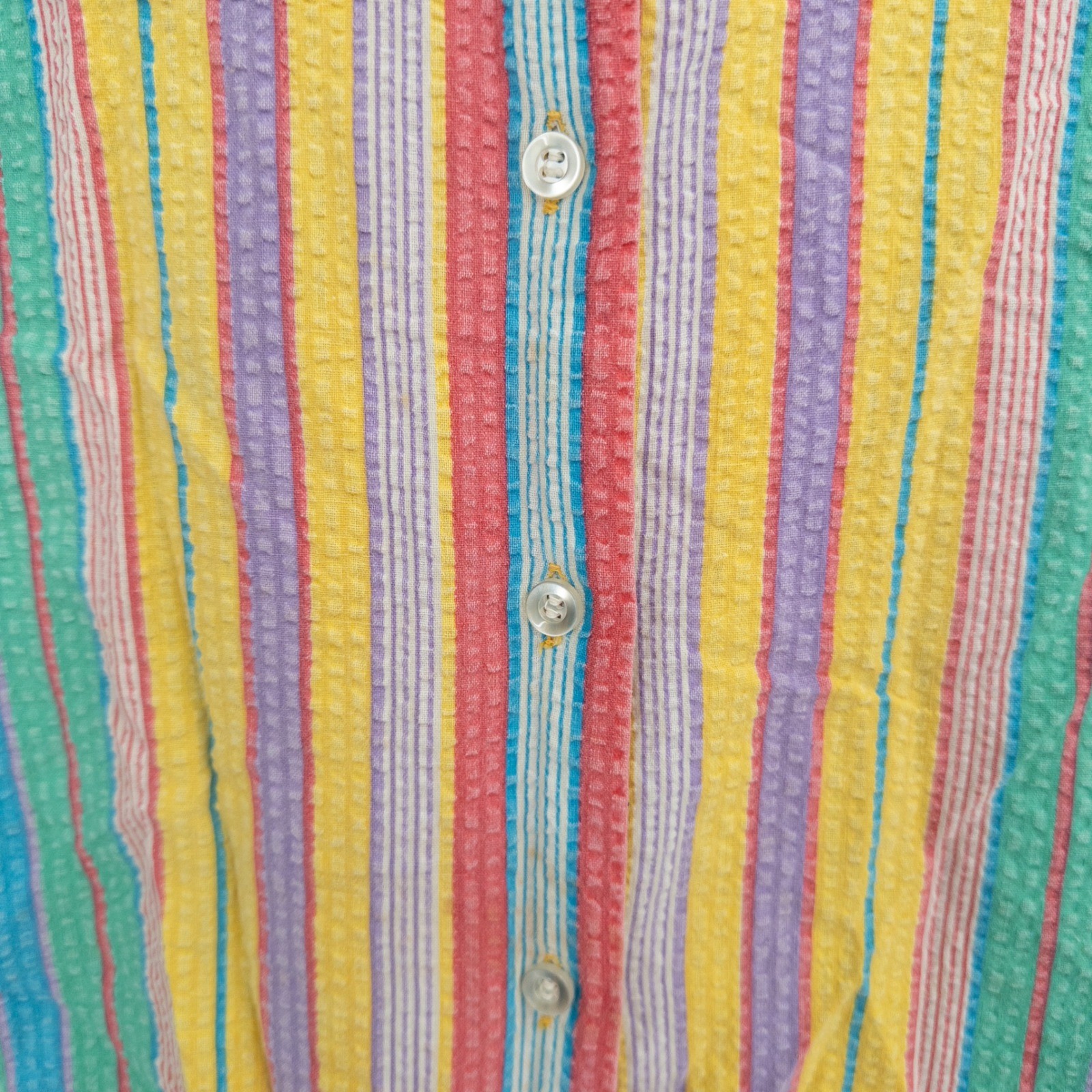 Vintage 90s Rainbow Top Womens XL Seersucker Striped Boxy Cropped Dopamine Color