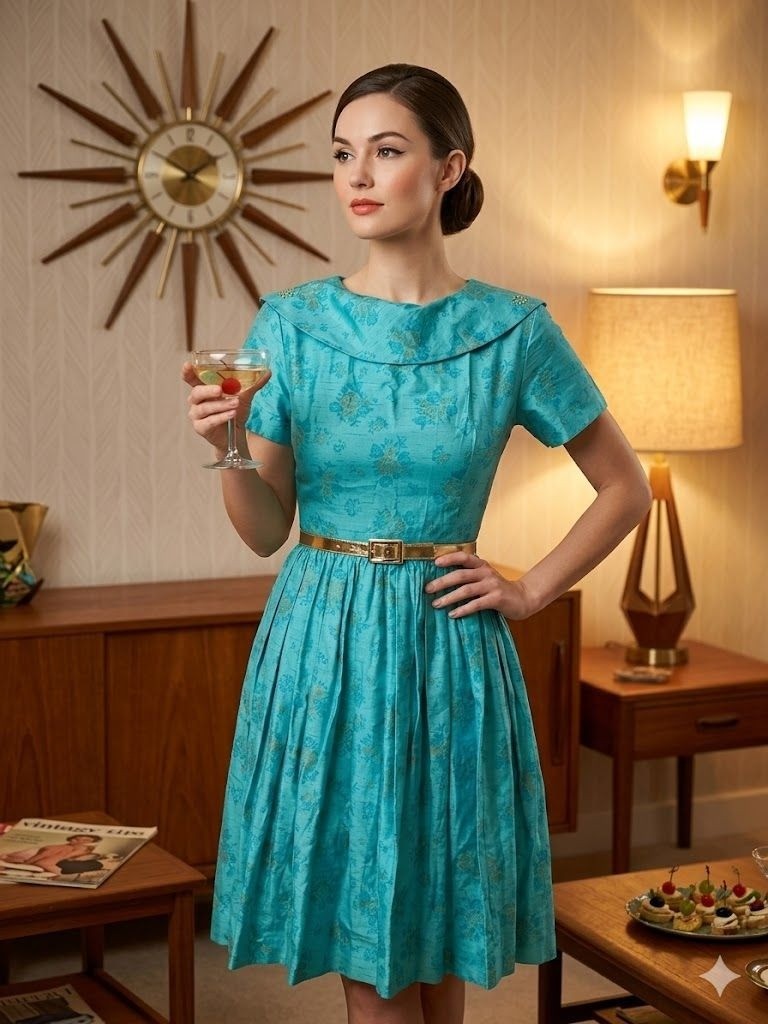 Vintage 50s Blue Gold Floral Tea Dress Rockabilly Pinup New Look Swing Belted S