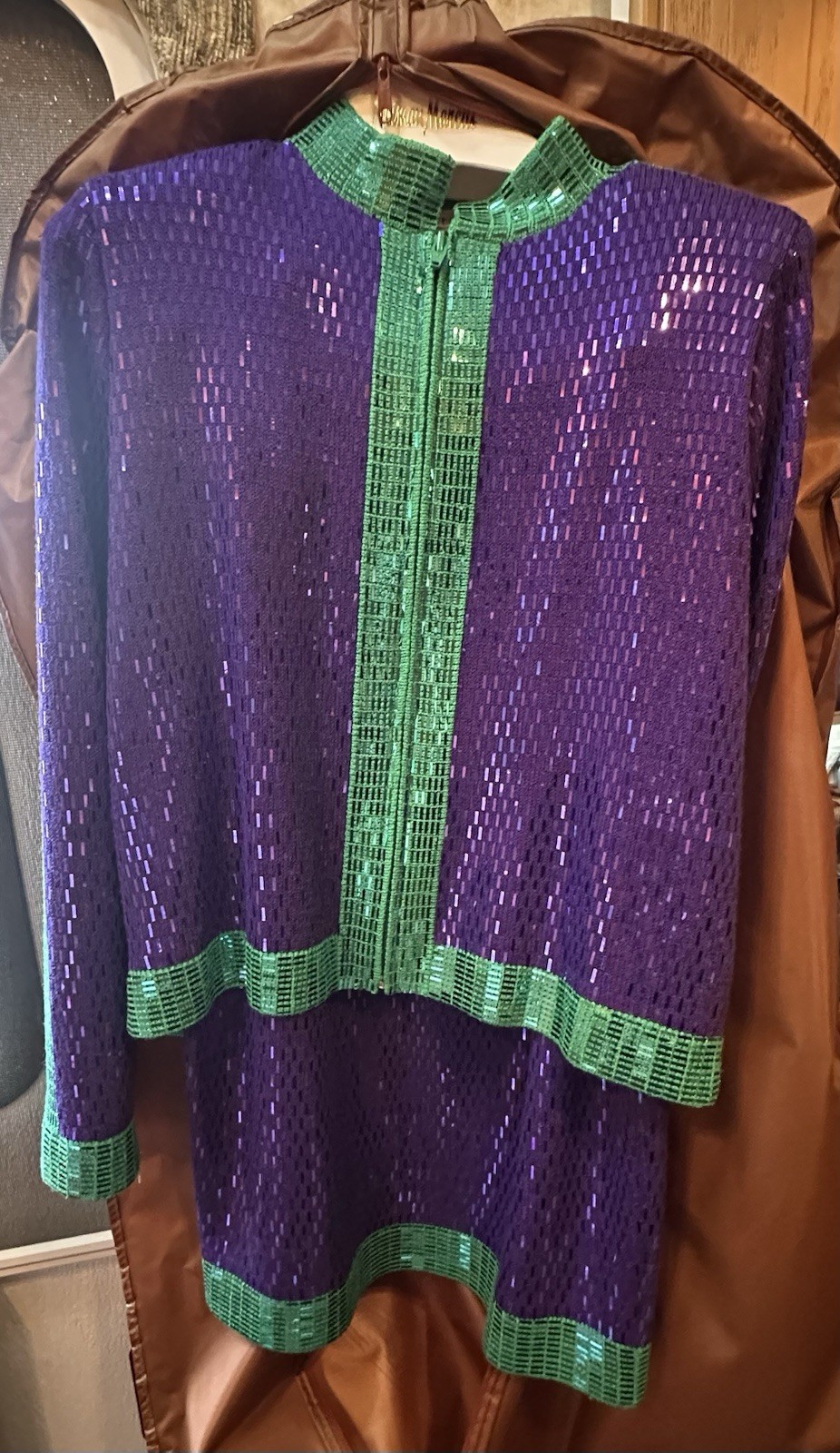 1970s St. John By Marie Gray Santana Knit 2 Pc Set- RARE Sequence Purple & Green