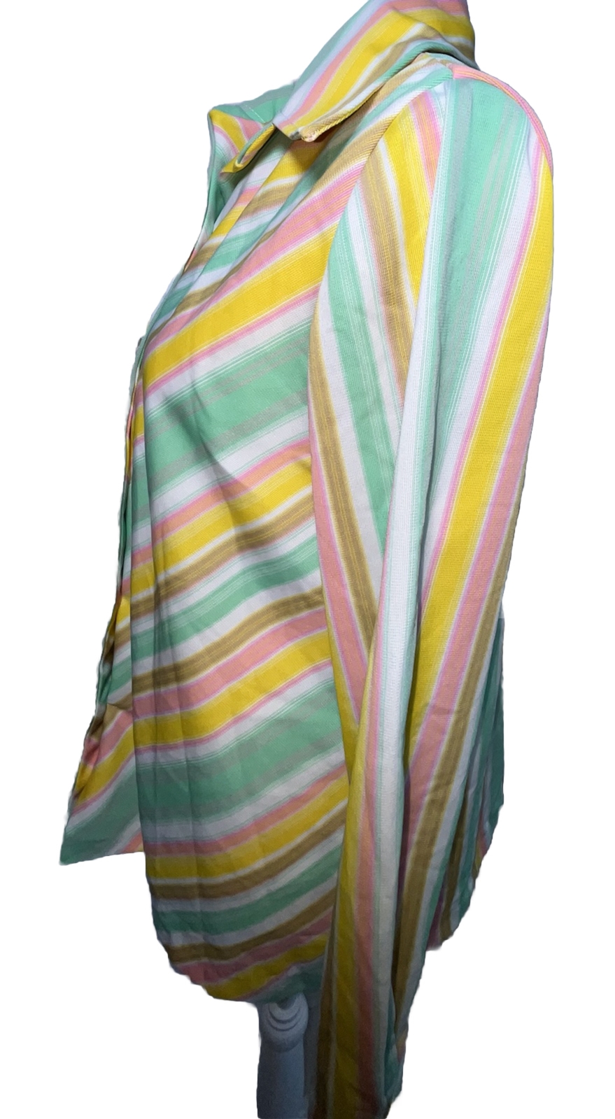Vtg Shirt 70s Polyester Top Collar Spring Pastel Stripes Pink Aqua Brown L XL 40
