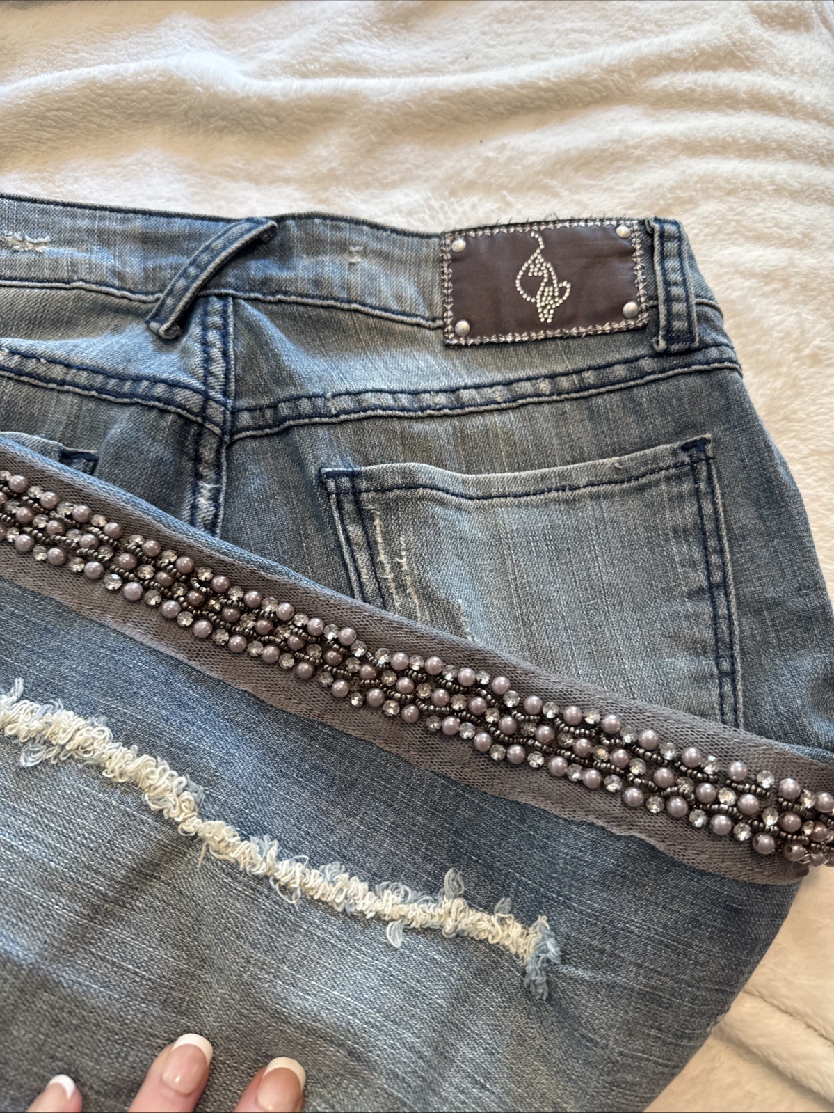 Vintage Baby Phat Capri Pants Distressed Silver Pearls Rhinestones Cat Size 7