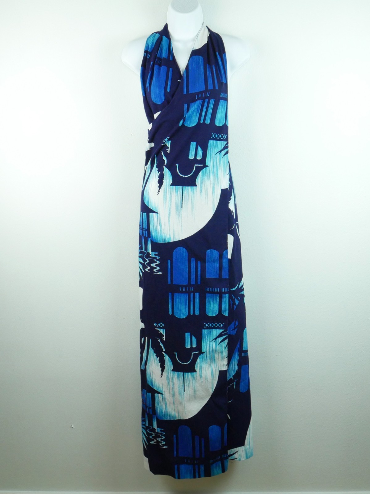 Vintage 60s Hukilau Fashions Hawaiian Maxi Dress Halter Small Barkcloth Aloha