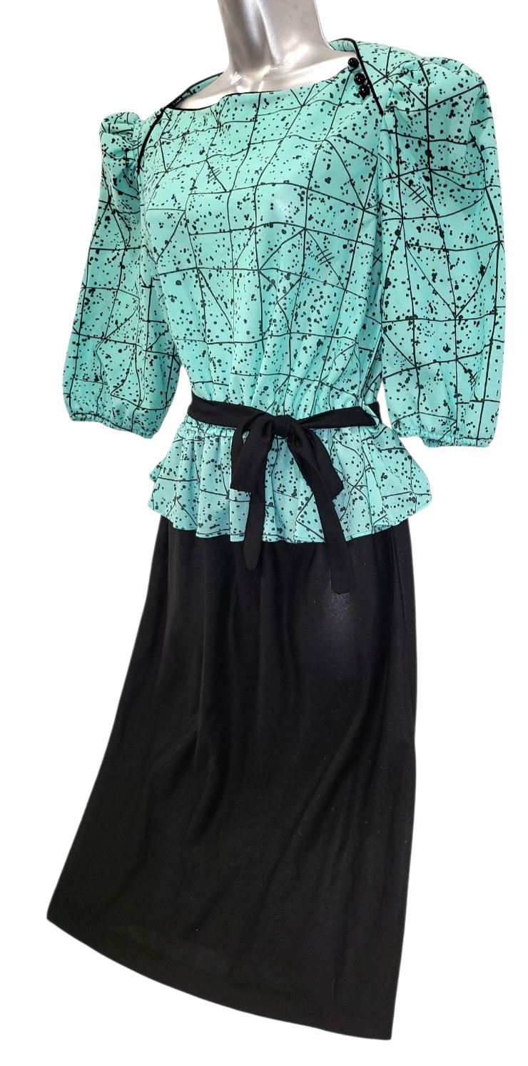 Vtg 80s KR of NY Awesome MINT GREEN BLACK GEO Print Top Black Skirt BOW Dress 16