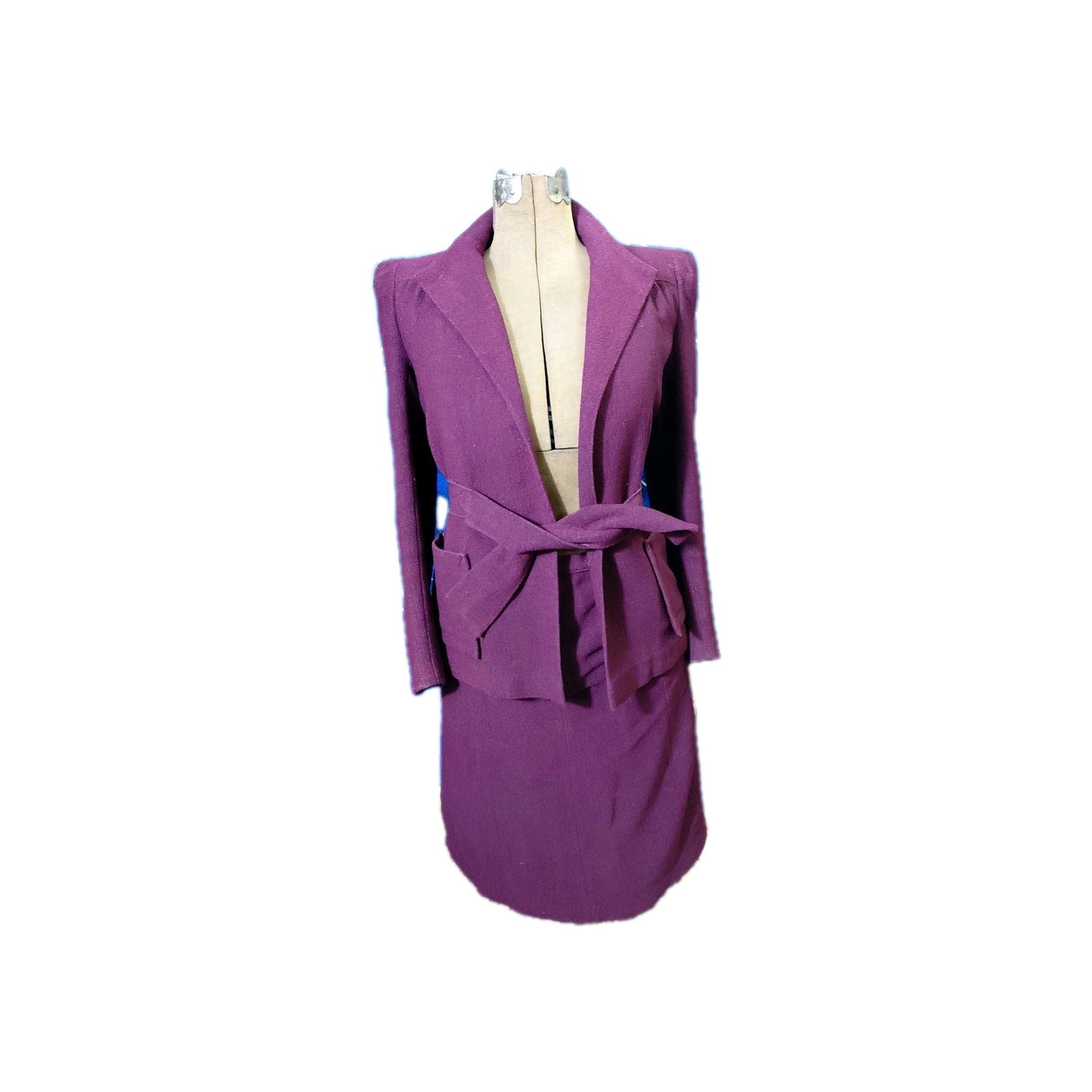 Handmade Wool Crepe Belted Suit Dress – Burgundy/Plum, Tailored Princess Seams,