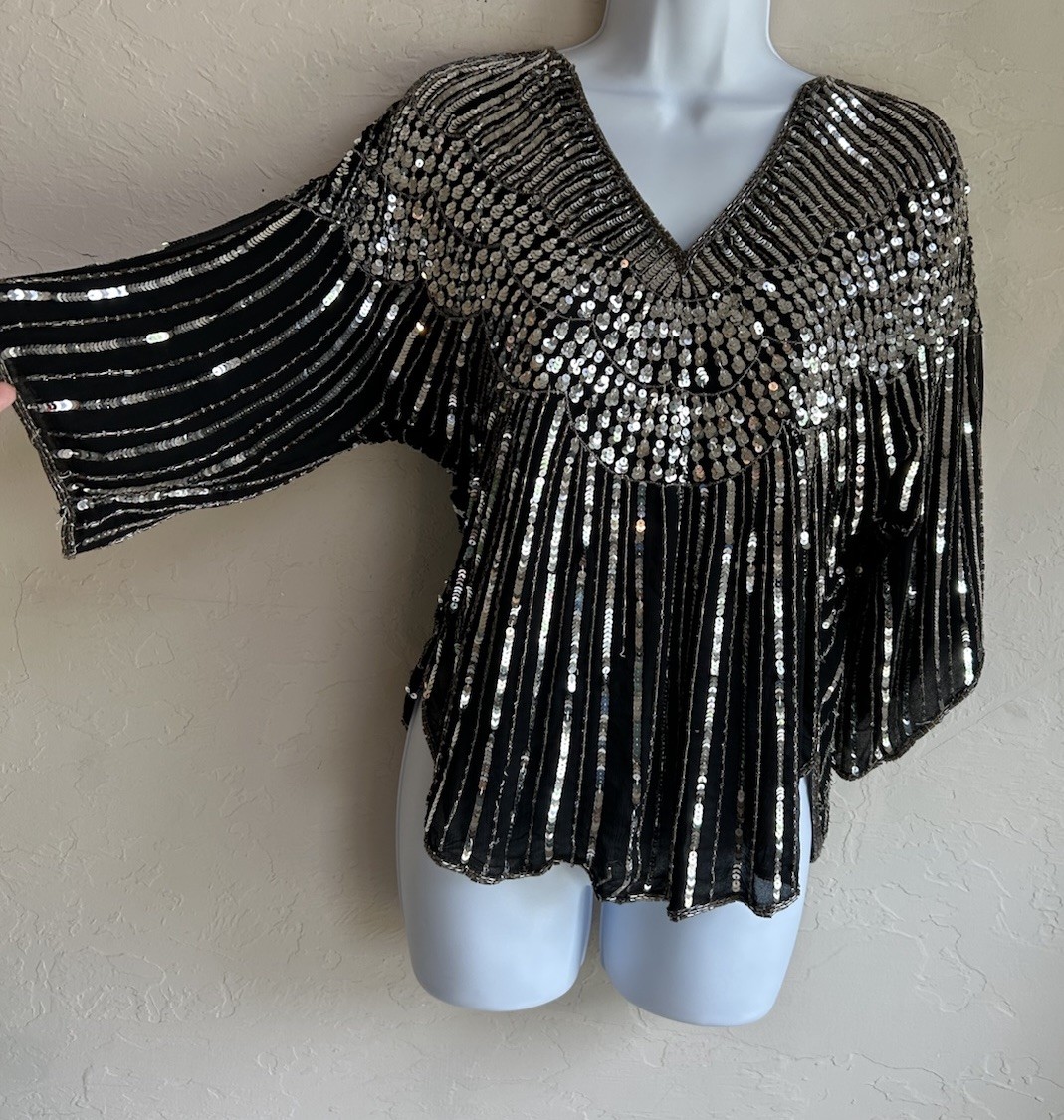 Vintage 80s Saks Fifth Avenue Judith Ann Silk Sequin Beaded Top M Glam Art Deco