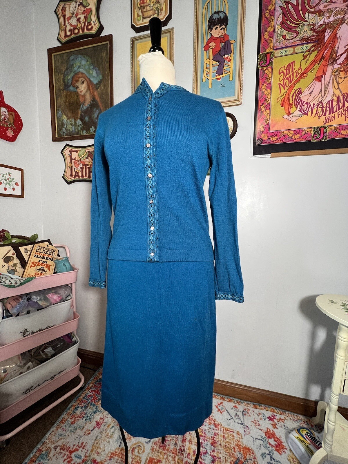 Vintage 1950’s Knit Set Jantzen Blue Sweater And Skirt S / M