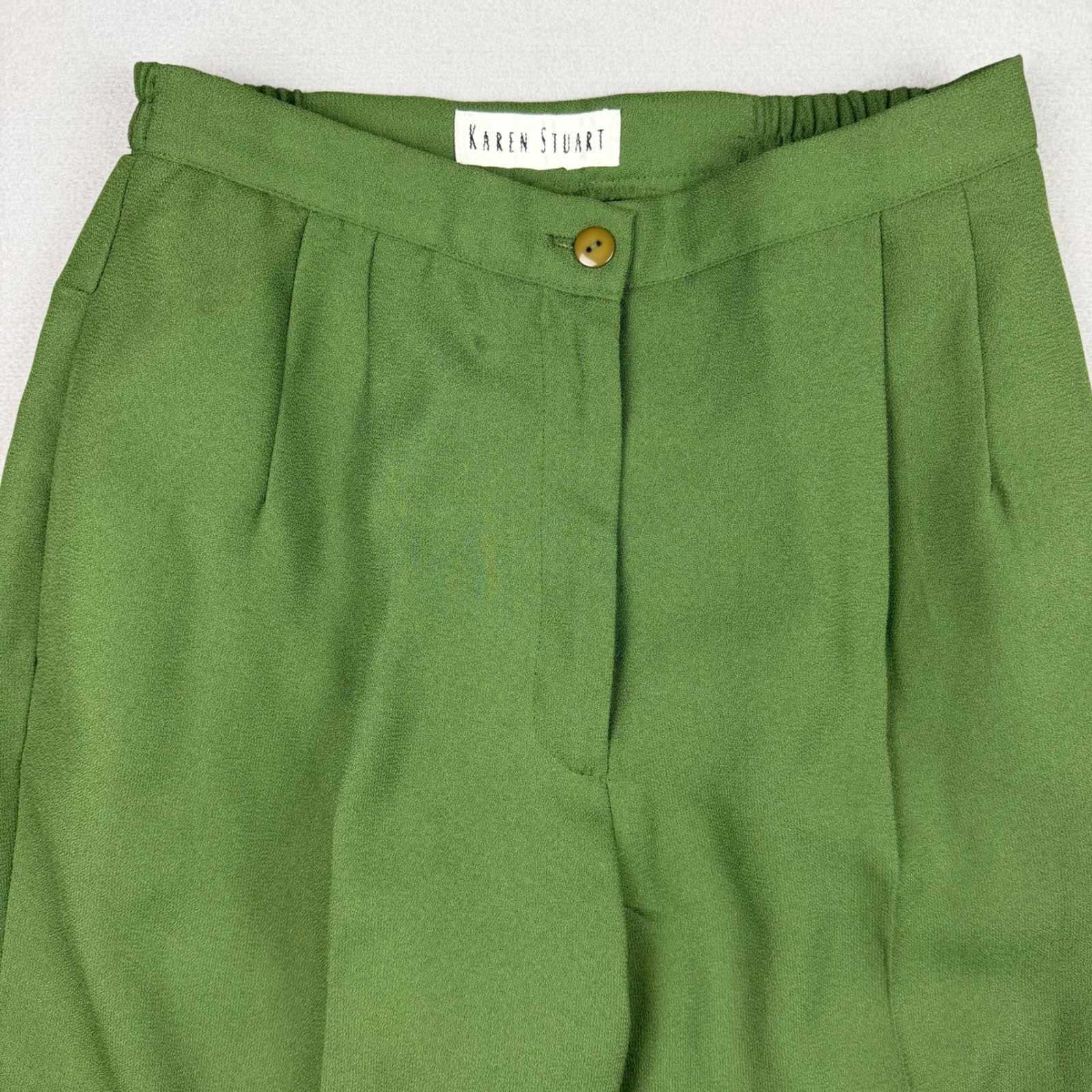 Vintage Karen Stuart Women 10 Green Pleated High Waisted Wide Leg Trousers Pants