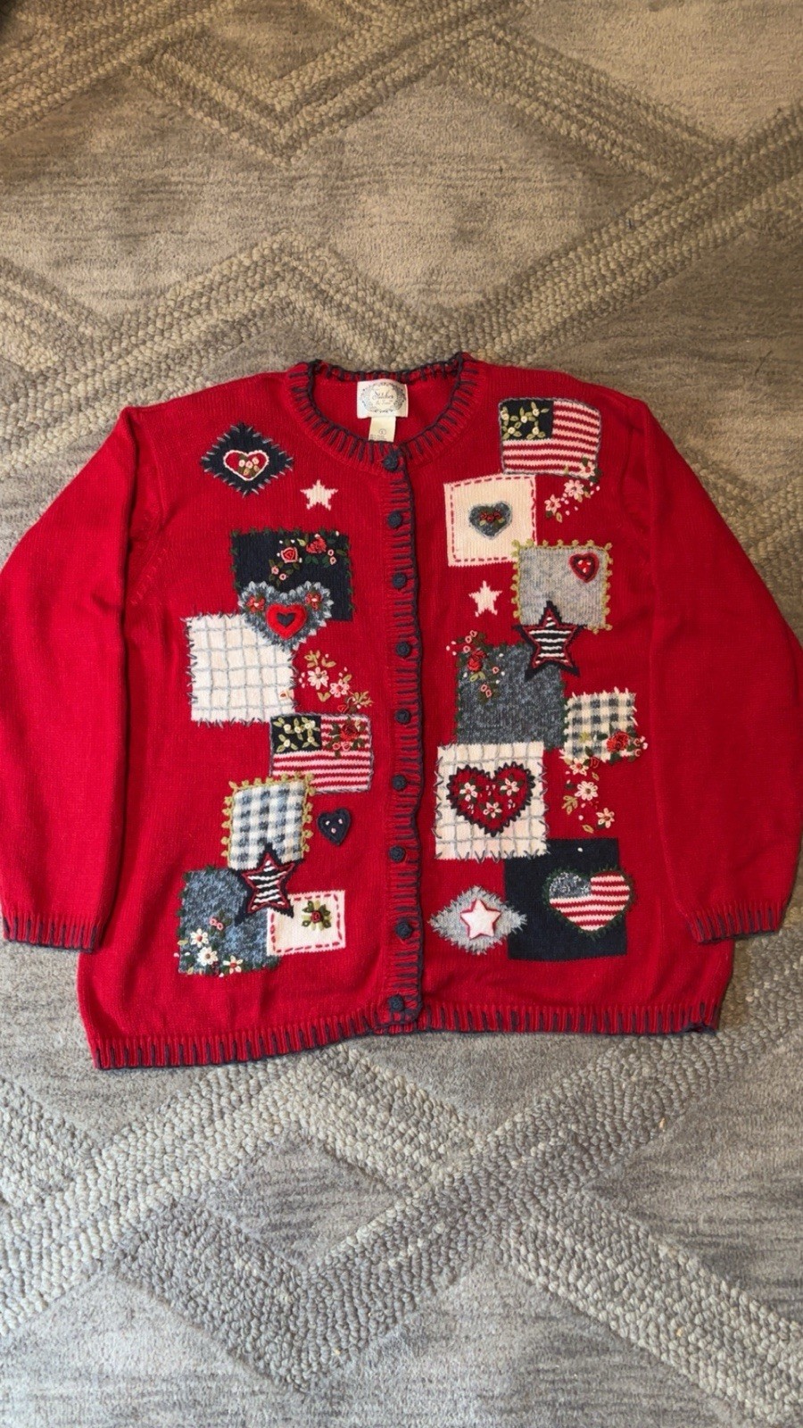 Vintage Americana Grannycore Heart and Star Cardigan size Large Patriotic