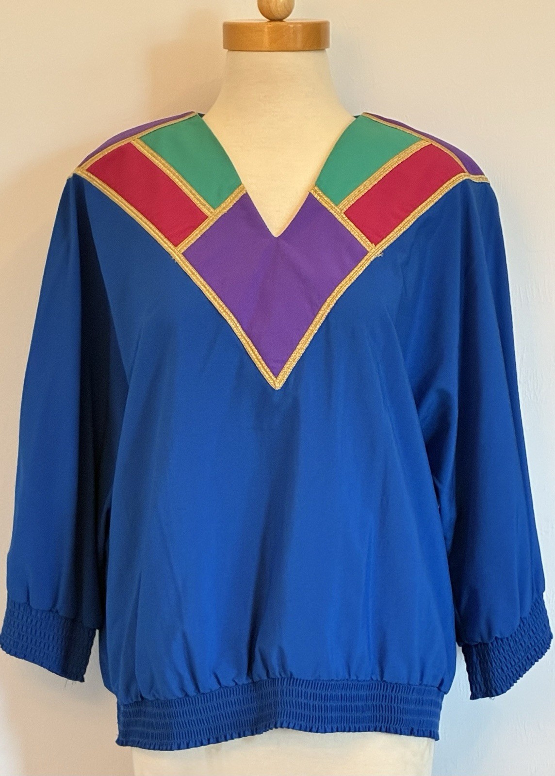 Vintage 80s Sara Colorblock Blouse USA Blue Geometric Smocked Top Women’s L