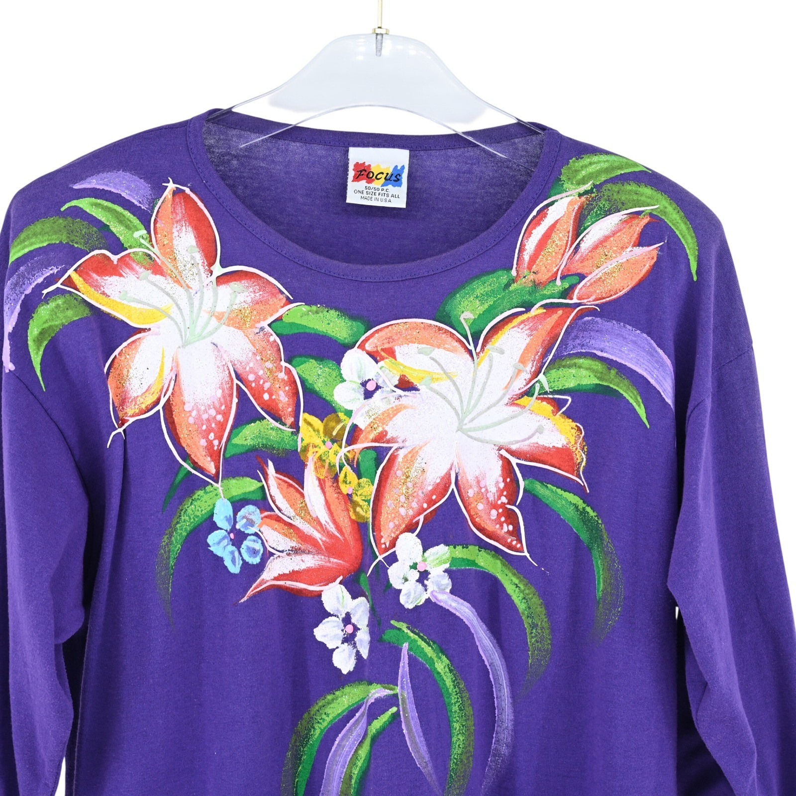VTG Focus Puff Paint Hand Painted Floral Purple Shirt Womens One Size 90s USA