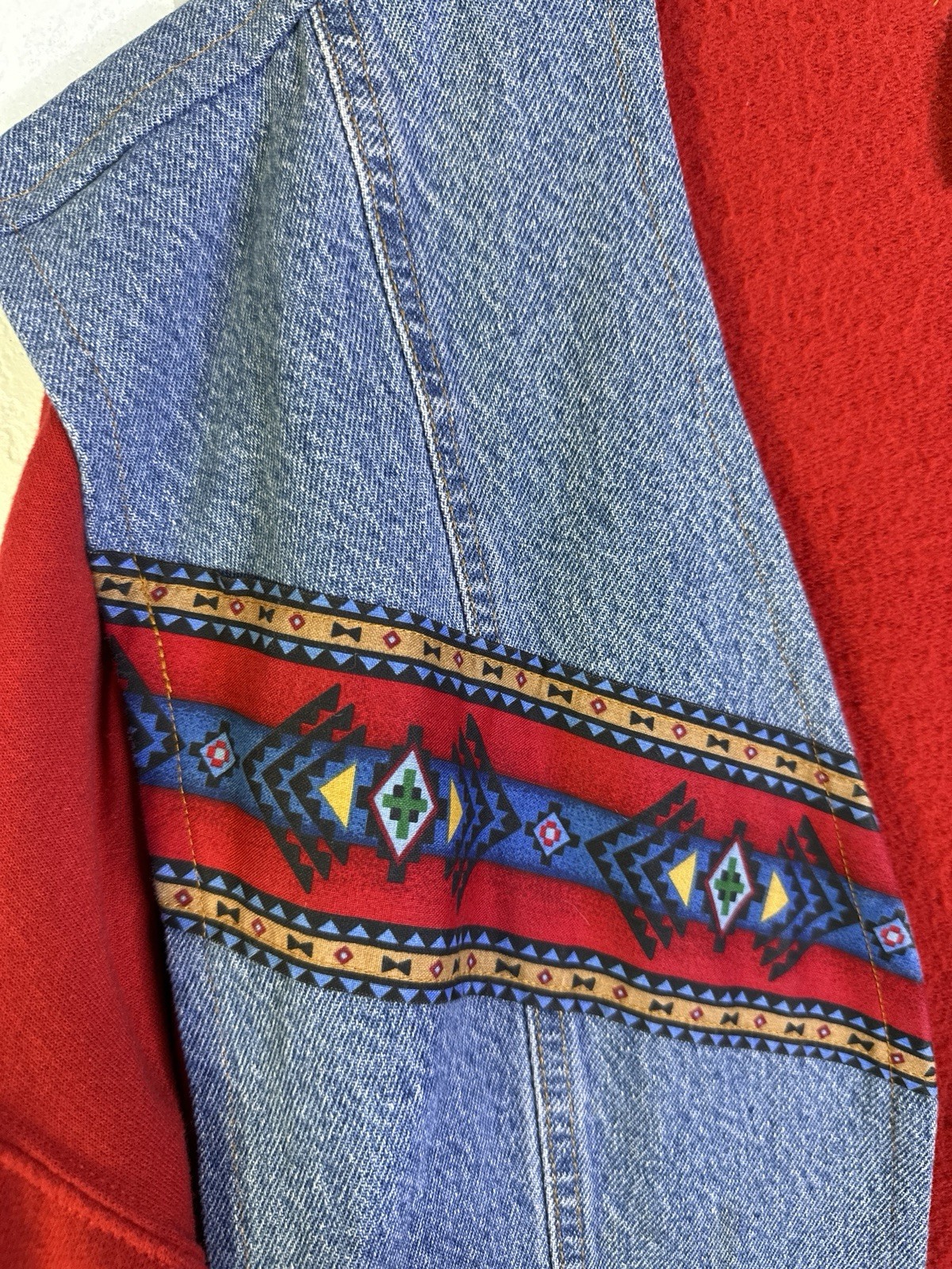 Jerzees Womens Red Denim Tribal Jacket Open Front Reworked 90s 3XL Handmade Vtg