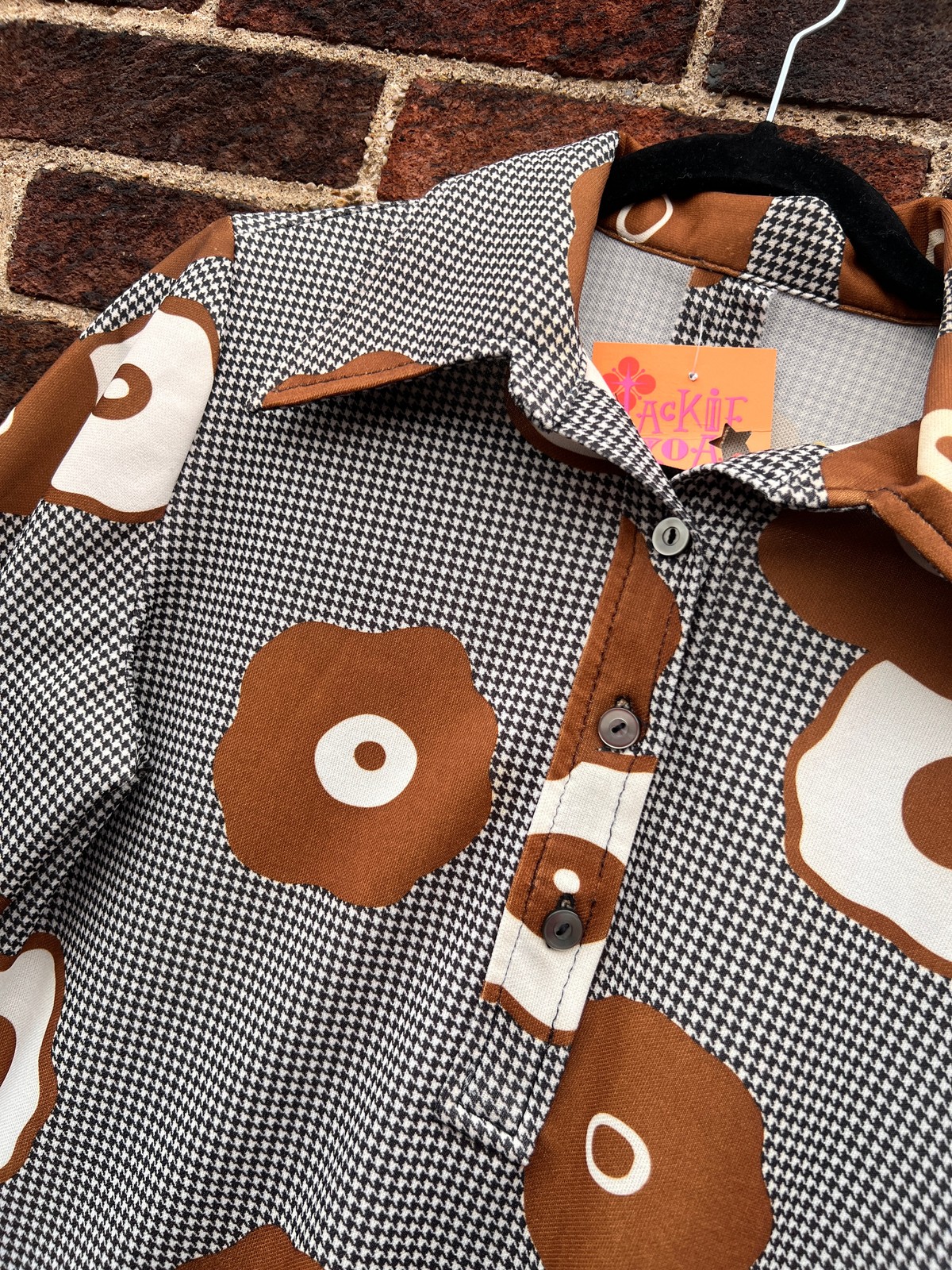 1970s Pop Art Button Up Bodysuit in Houndstooth with Mustard Florals, Medium