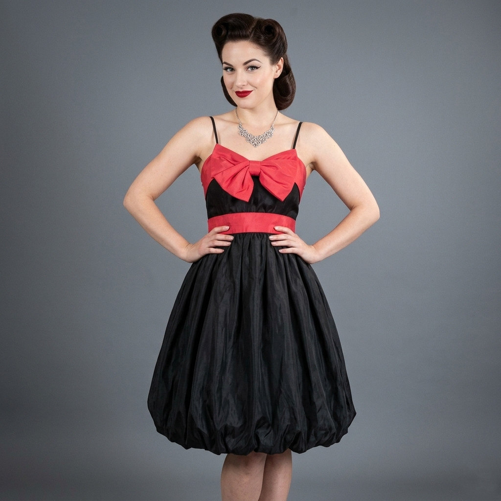 S Vintage 1960s Black Red Bubble Dress Satin Bow Sleeveless Cocktail Party 60s