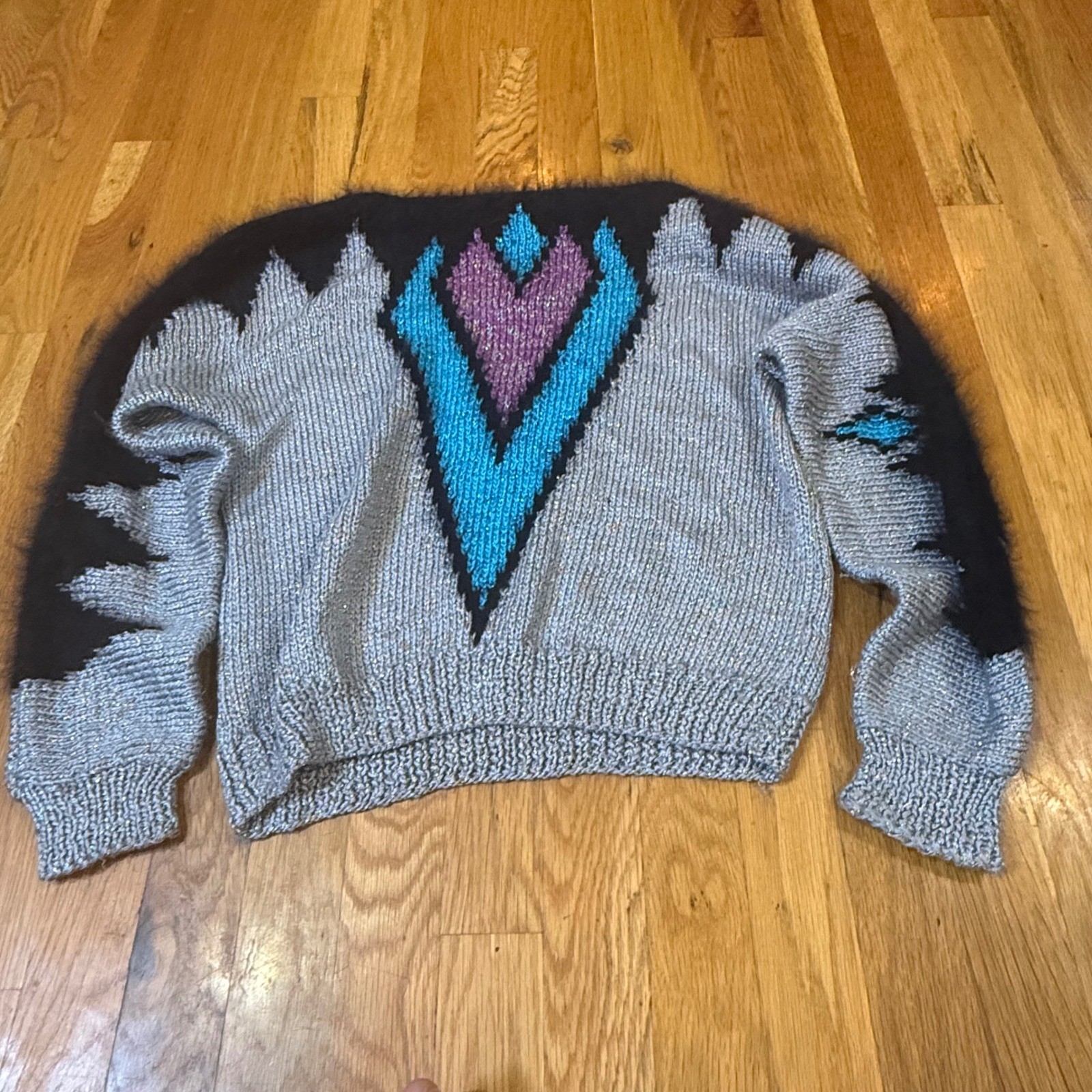 Louise Prior Vintage 80s Hand Knit Mohair Metallic Geometric Sweater Silver L