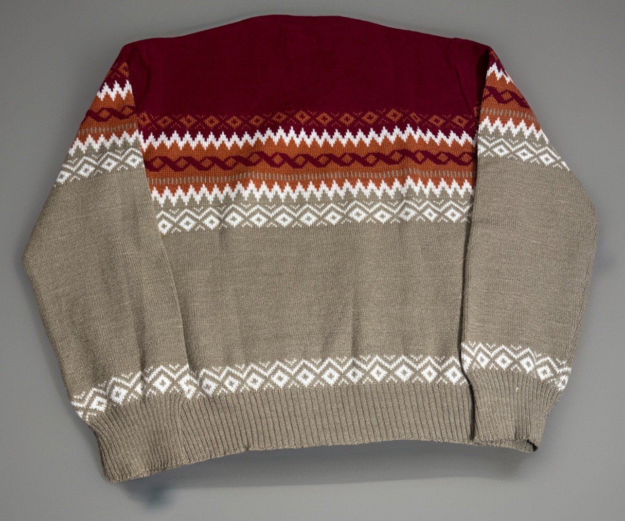 Vintage 1970s Sigallo Geometric Pattern Red Orange Acrylic Knit Sweater Boho Med