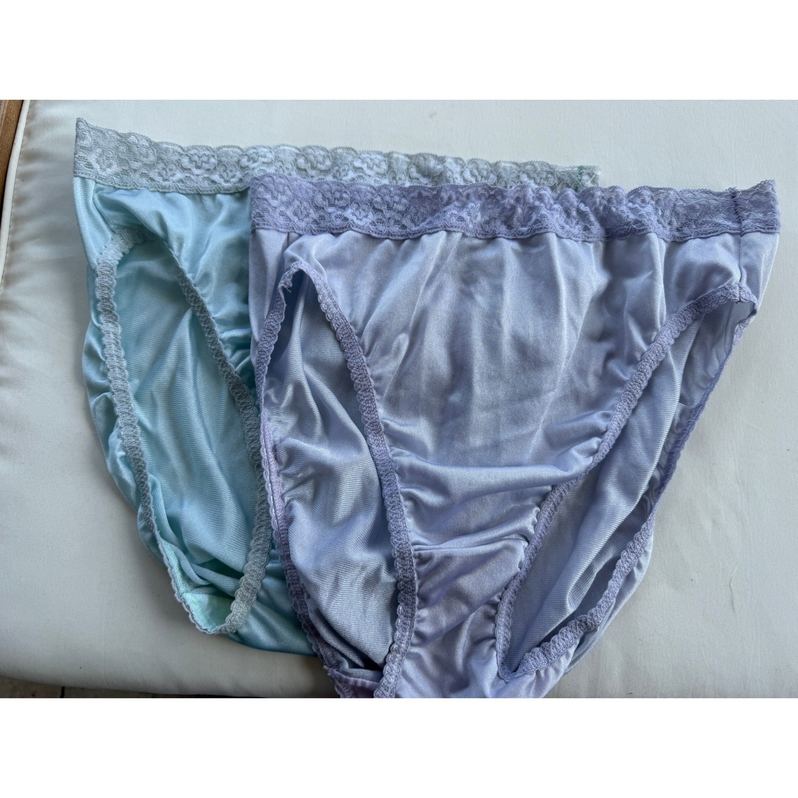 2 Vintage 80’s Fruit of the Loom High Cut Brief Panties Lace Trim Purple Blue