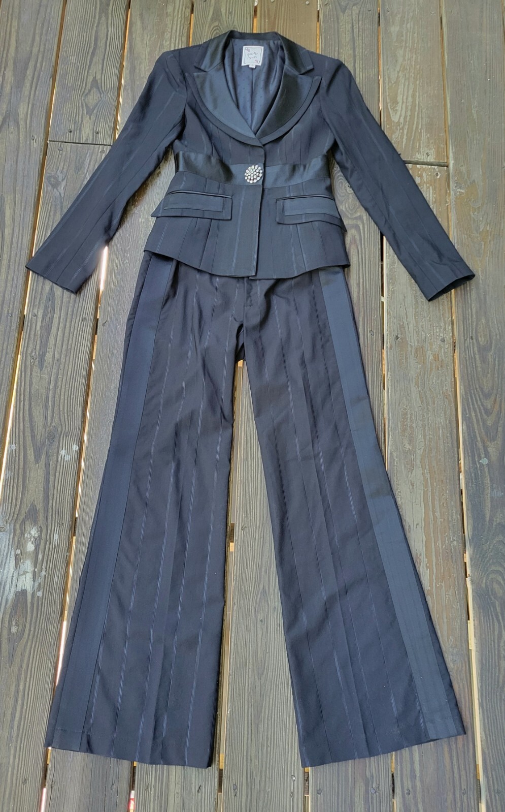 Nanette Lepore vintage 90s 00s pant suit black satin stripe brooch low rise 0