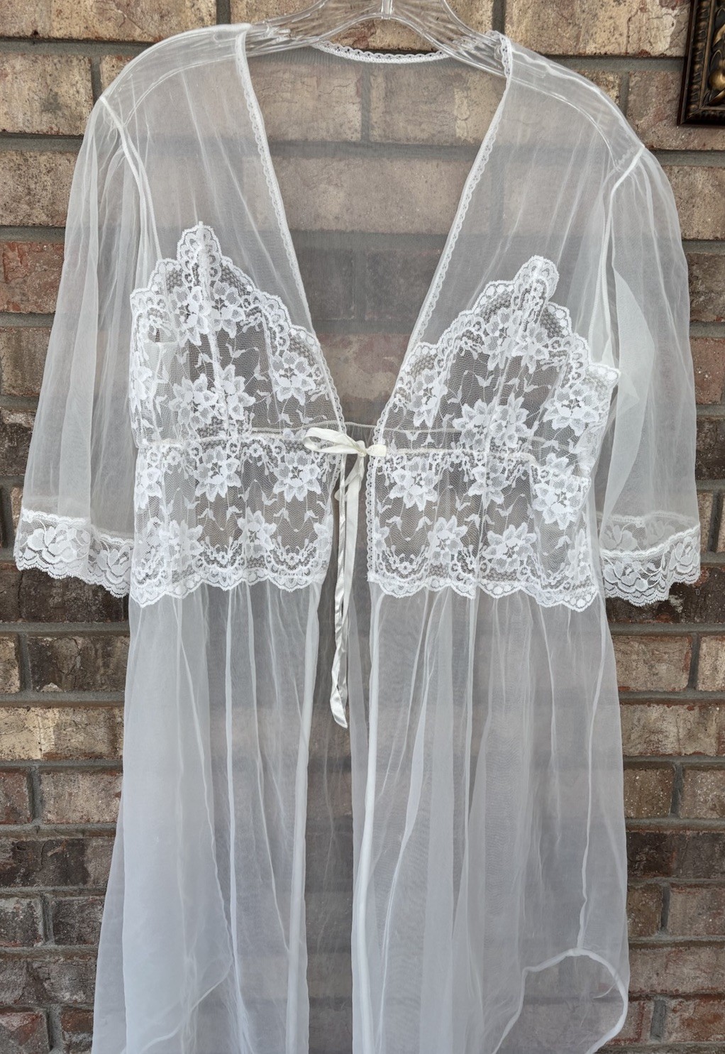 Vtg Taryn Alexander White Bridal Chiffon Lace Peignoir Nylon Nightgown Robe M