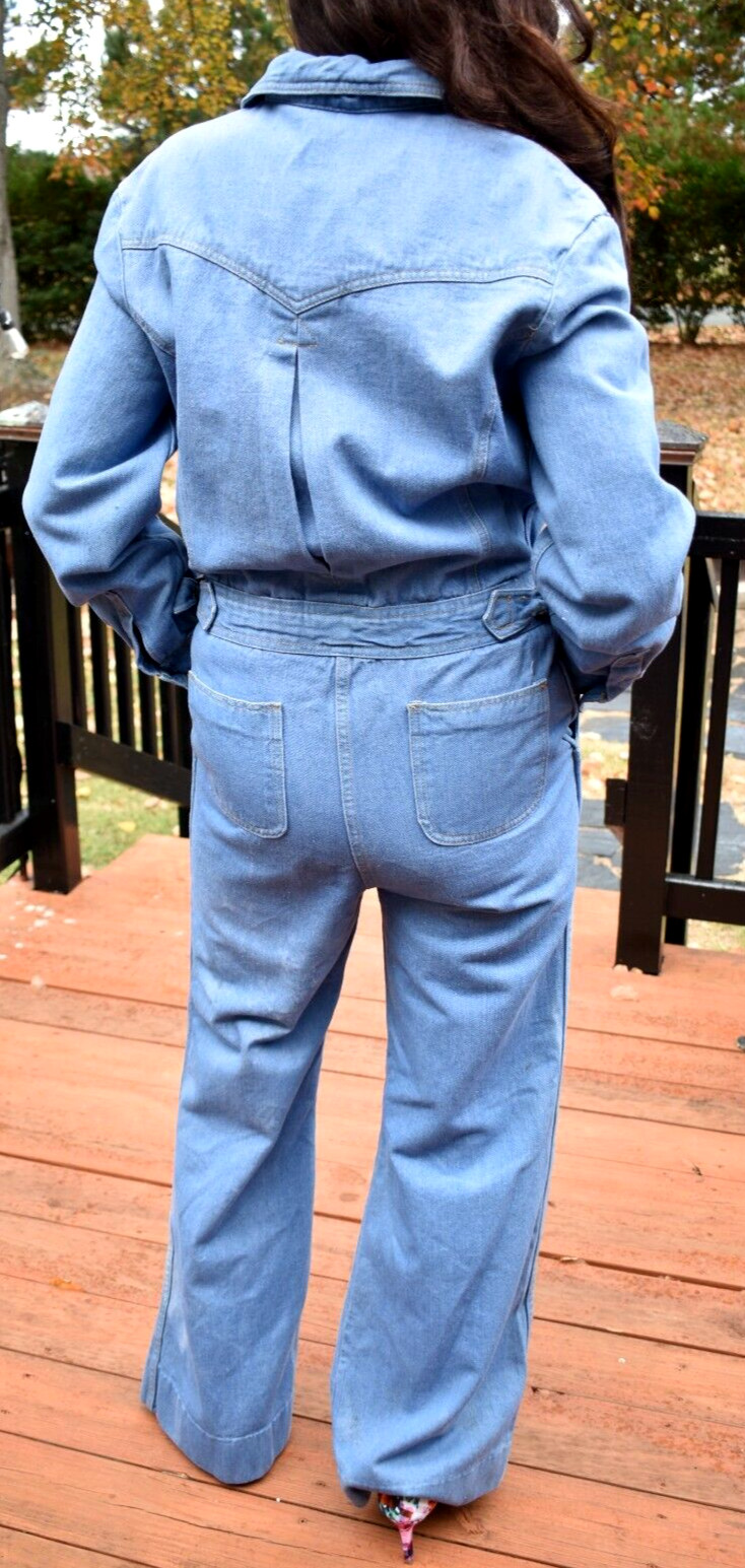 Vintage Brittania Denim Flared Leg 70s Long Sleeve Jumpsuit Romper Overall Large