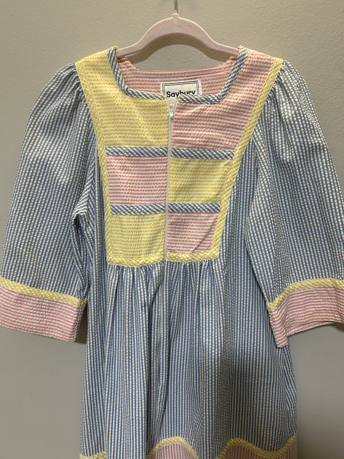 Vintage 80s Saybury Seersucker Pastel Colorblock House Dress Petite Fits S/M