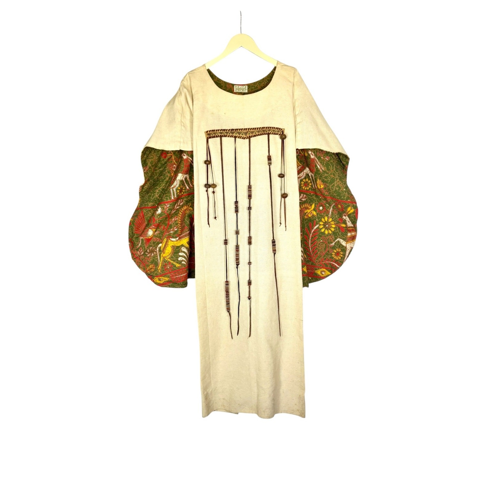 Vintage 1970s Barbara Matamoros Canvas Cape Dress African Barkcloth Print