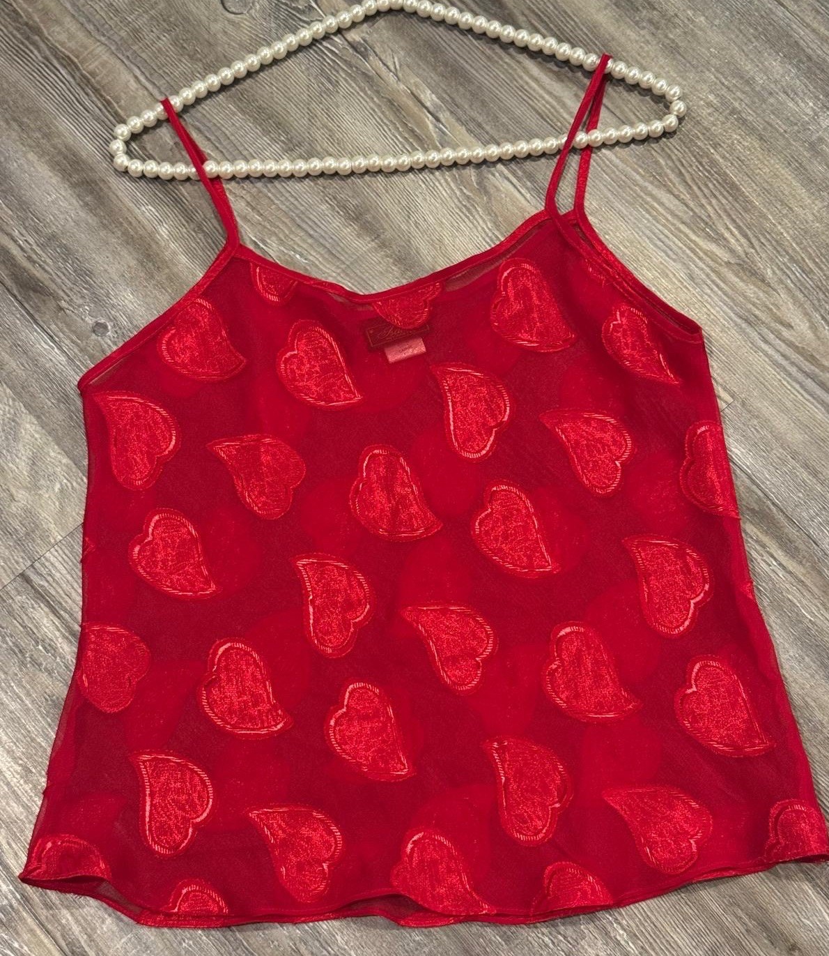 VTG 90’s Isabel Intimates Red Chiffon Heart Appliqués Babydoll Lingerie Cami L