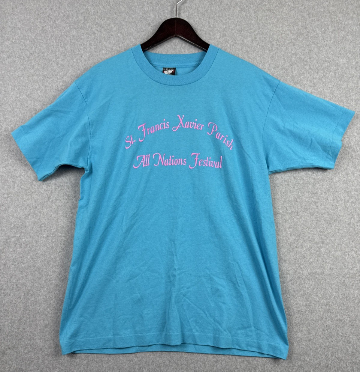 VTG Screen Stars Best T Shirt Blue Pink XL Made USA St Francis Xavier Parish