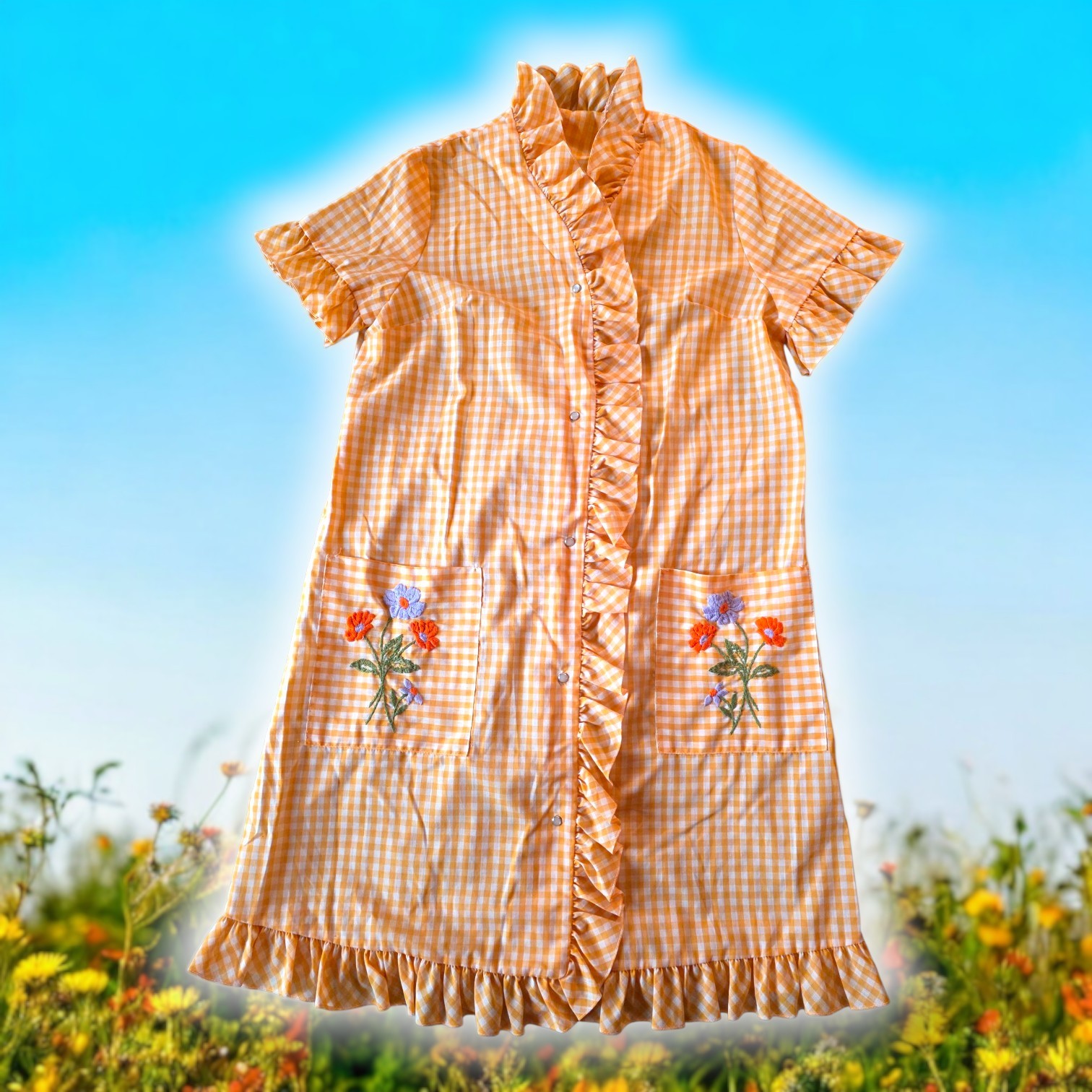 Vintage 60s Yellow Gingham Ruffled Button Up House Dress w/ Embroidered Pockets