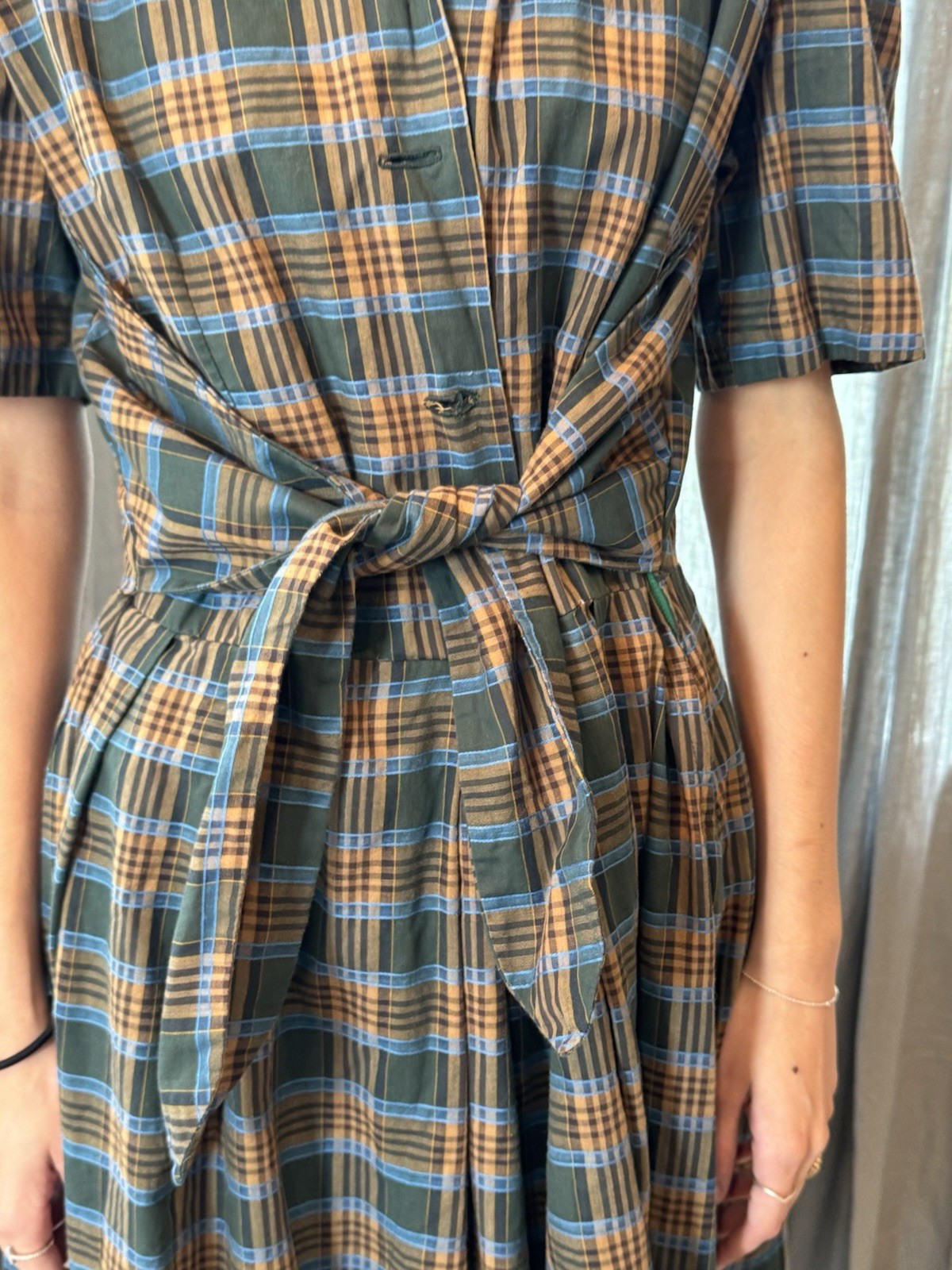 Vtg 50s Plaid Cotton Shirtwaist Dress Full Pleated Skirt M