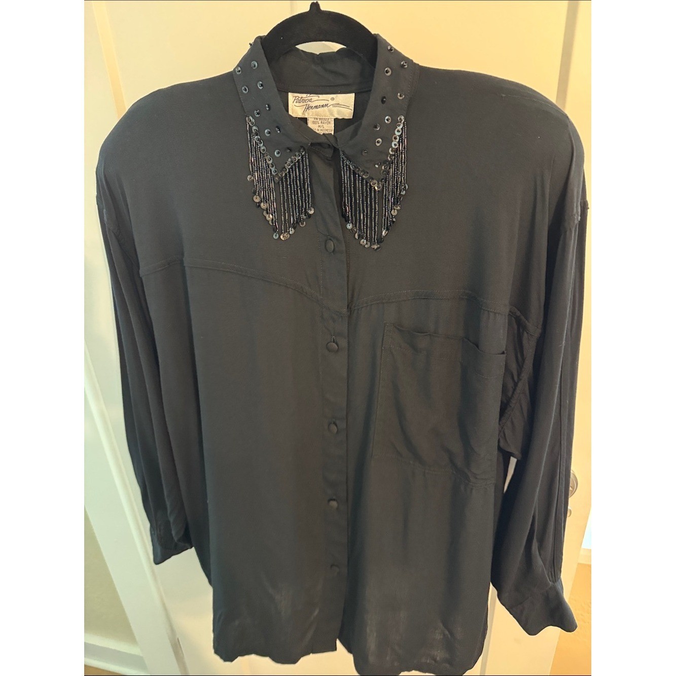 VINTAGE Patricia Hermann NYC Black Button-Down Shirt with Beaded Fringe Collar