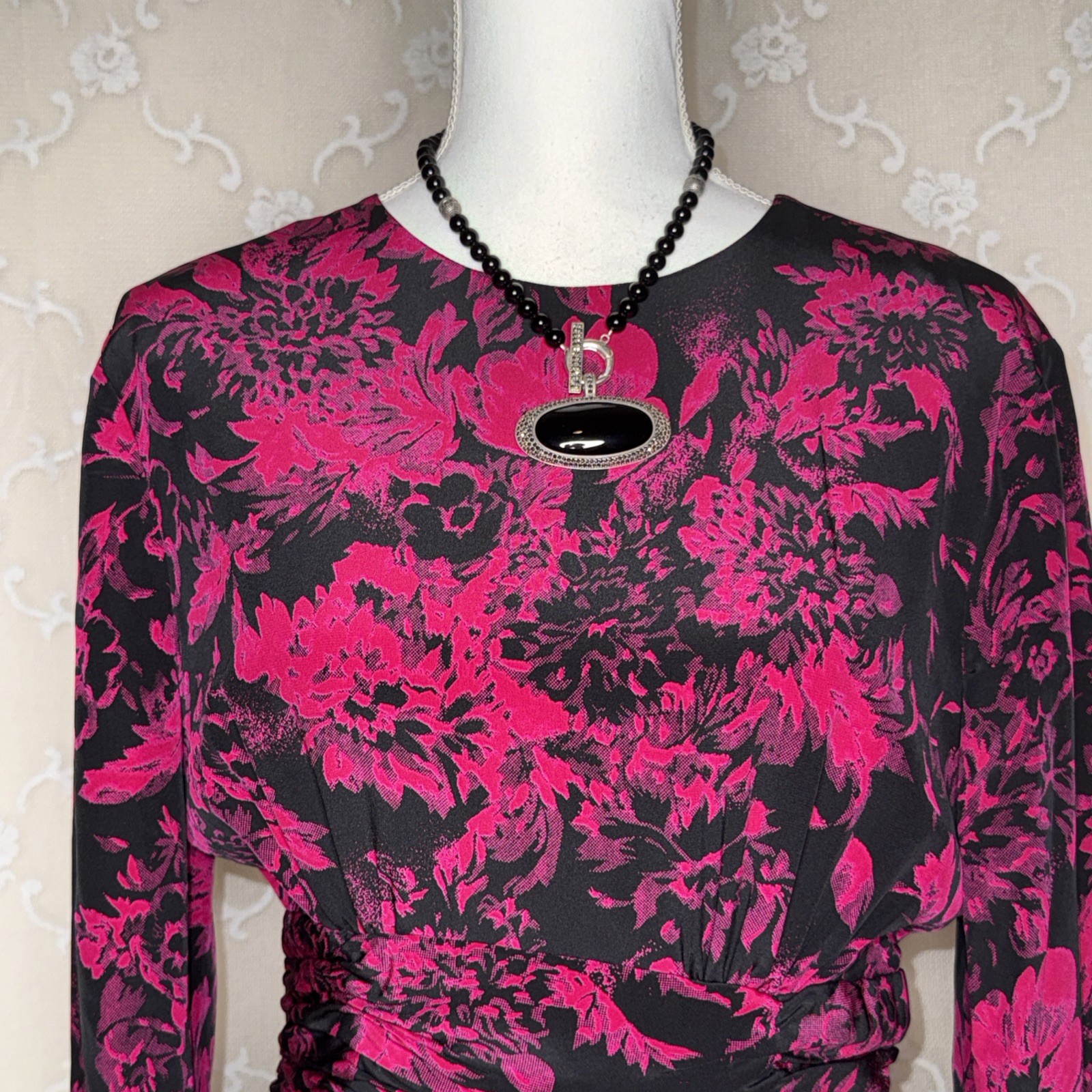VTG Yves Cassette Magenta & Black Silk Bust Lined Cocktail Dress Sissy Bow SZ 10