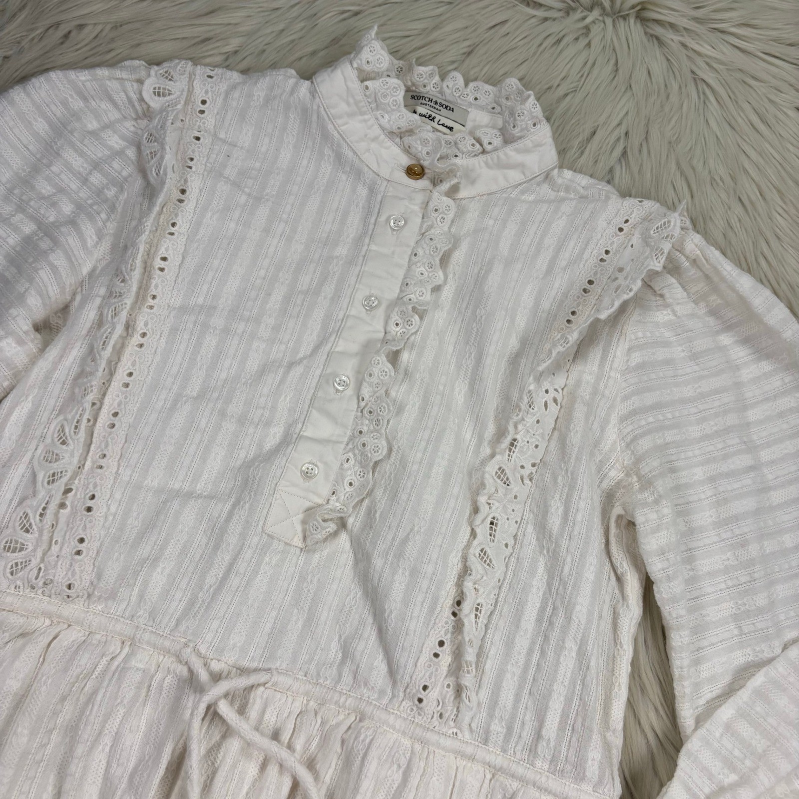 Scotch & Soda Women’s XS White Eyelet Ruffle Dress Victorian Preppy Cottagecore